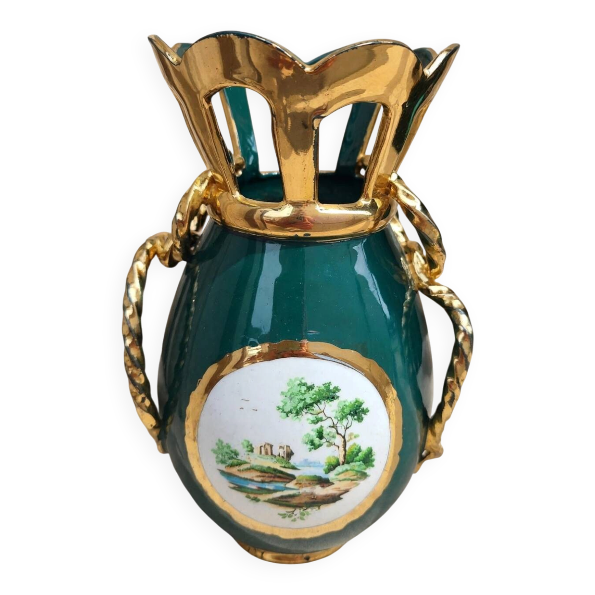 Italian lilac crown vase 26cm - emerald green & gold - vintage 60s year