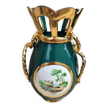 Italian lilac crown vase 26cm - emerald green & gold - vintage 60s year