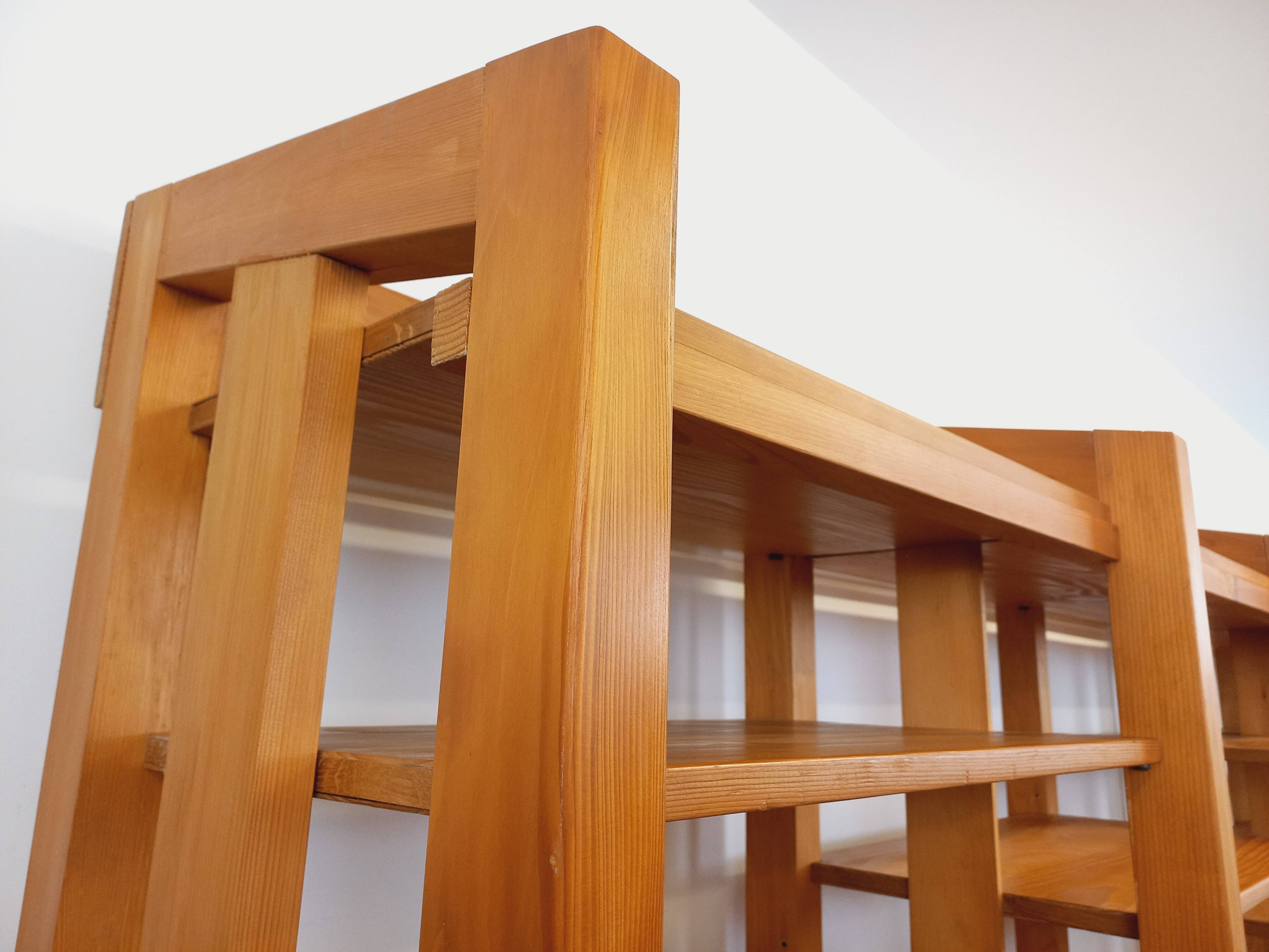 Large modular library of 6 parts with 30 vintage wooden shelves.