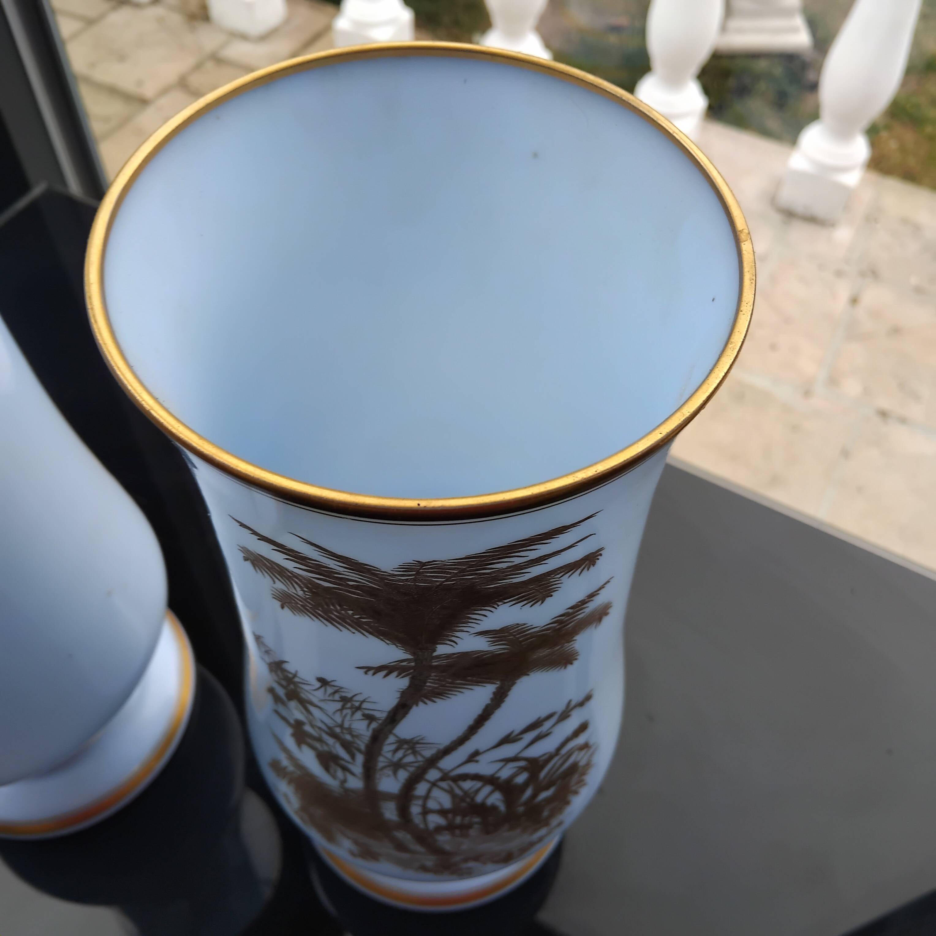 Pair of 19th century opaline crystal and gold vases