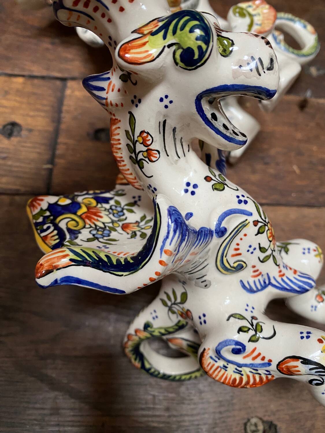 Griffon candlesticks in Old Rouen earthenware