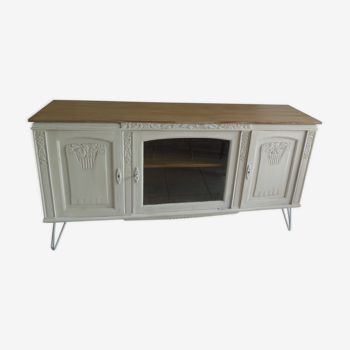 Low art deco buffet revisited patinated grey pearl white powder edin waxed finish, wood tray finished waxed middle oak.