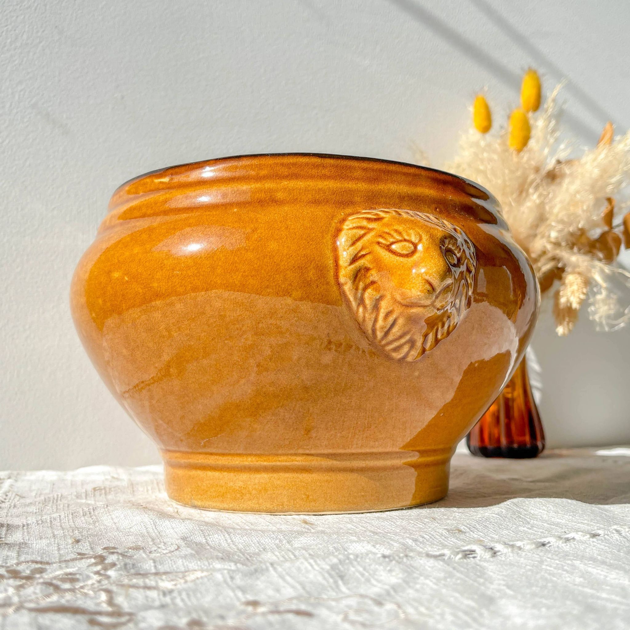 Vintage ceramic lion head soup tureen - honey and black, made in France