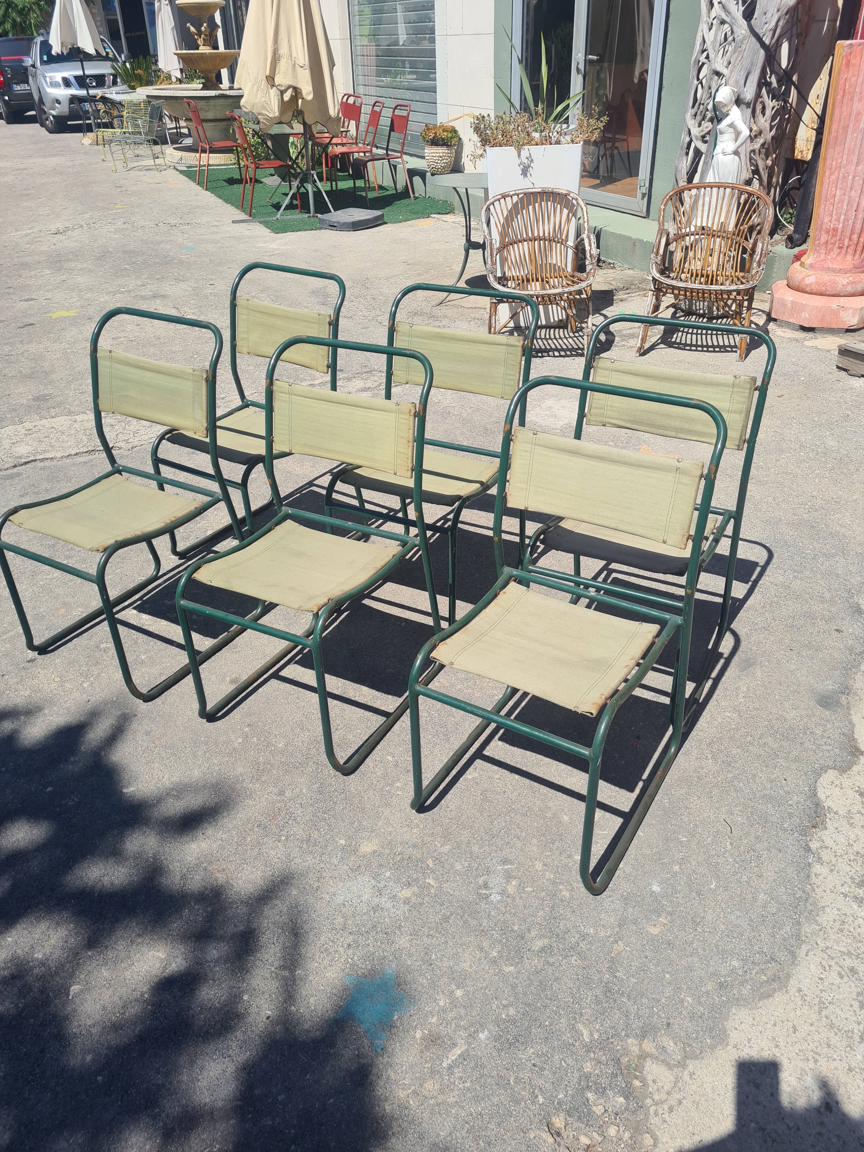 Series of 6 stackable military chairs modernist canvas and metal