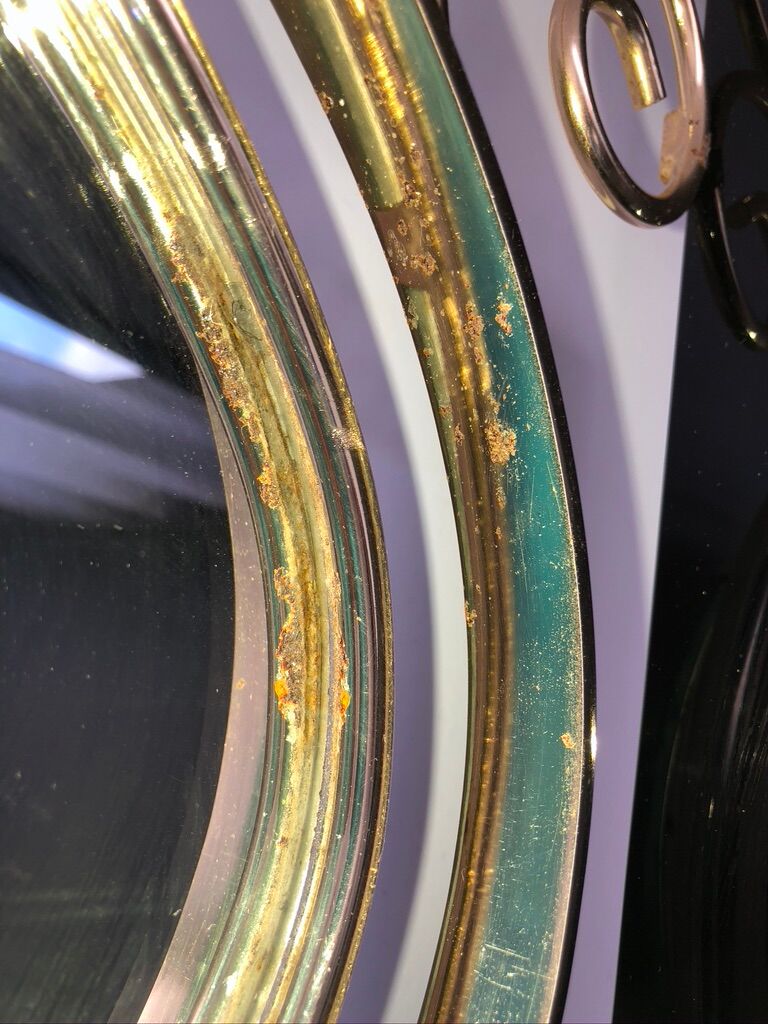 Brass hairdresser, glass and black plastic with its fluffy stool.