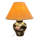 Louis Drimmer lamp from the 90s in chipped black ceramic with pink lotuses.
