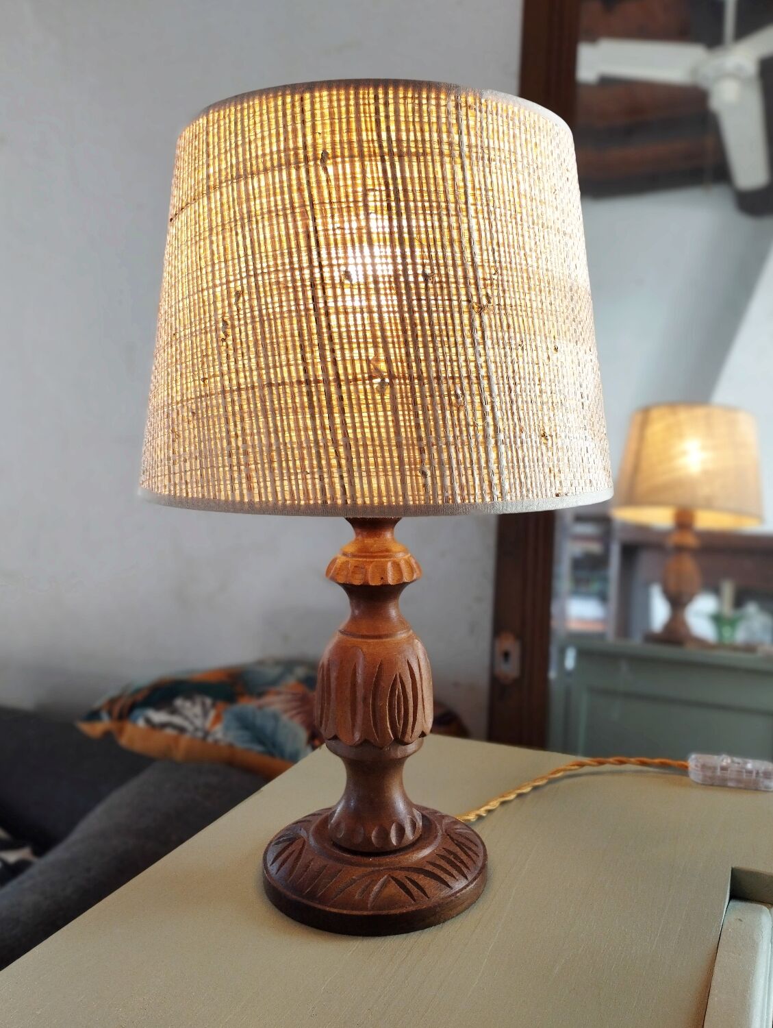 Pair of wood lamps and braiding