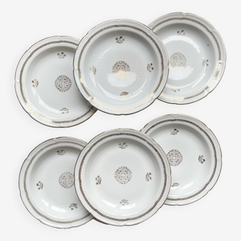 6 vintage French porcelain soup plates with golden rosette pattern