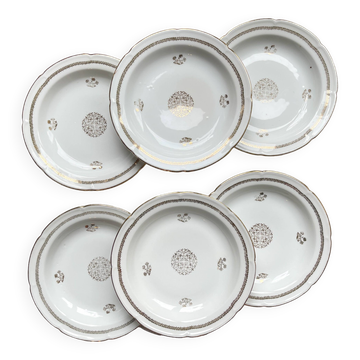 6 Vintage French porcelain soup plates with golden rosette pattern