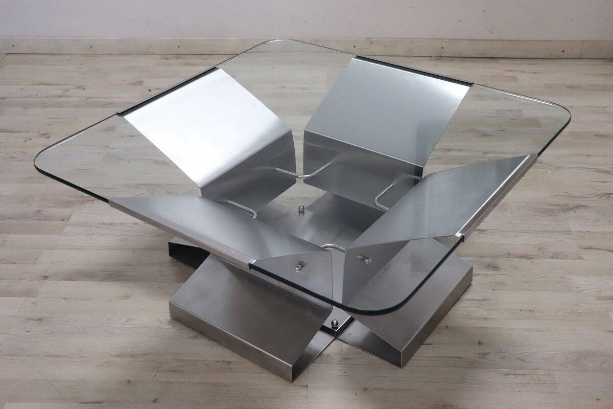 Square Coffee Table In Steel And Glass, Italy 1970s