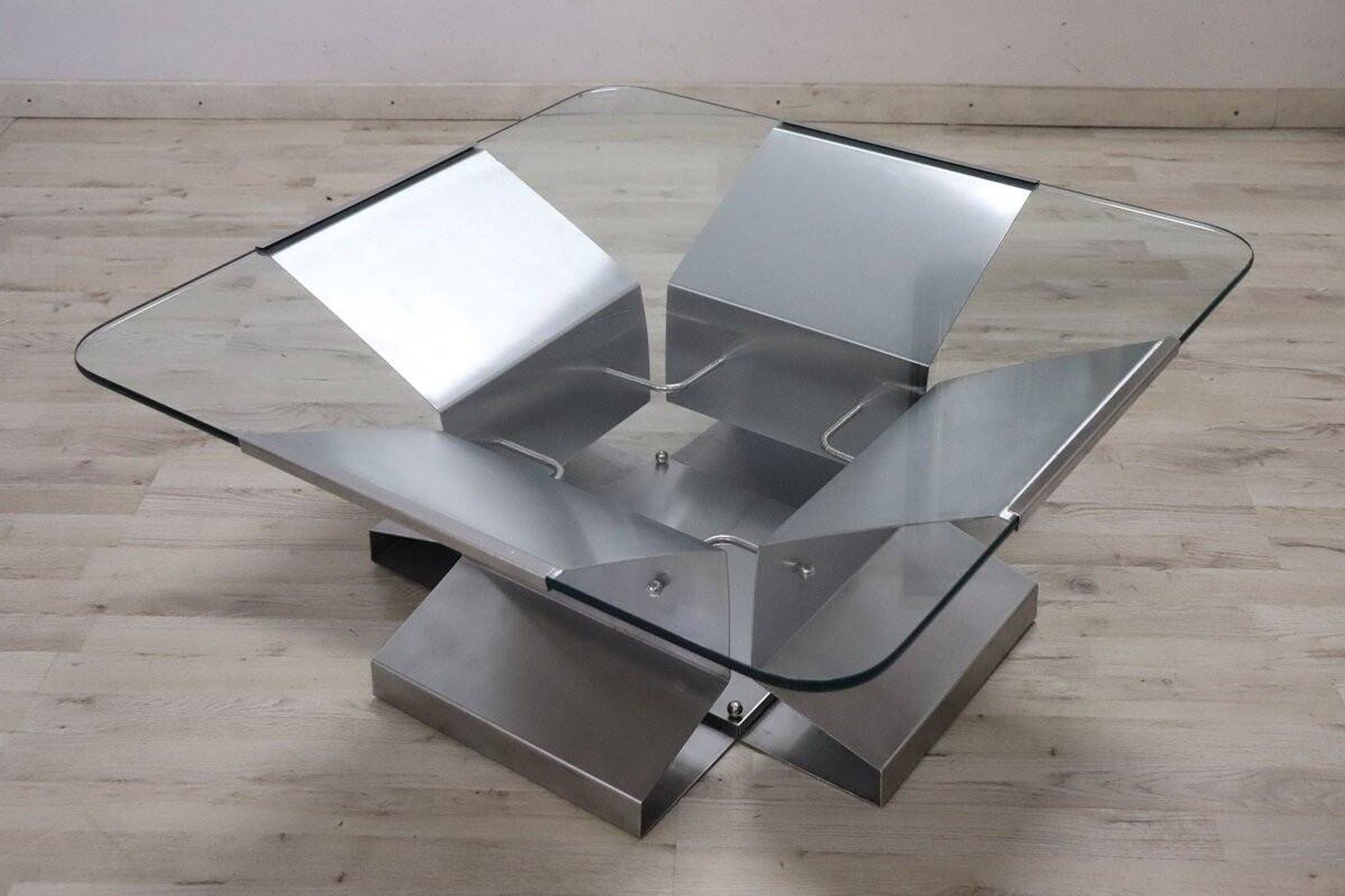 Square Coffee Table In Steel And Glass, Italy 1970s