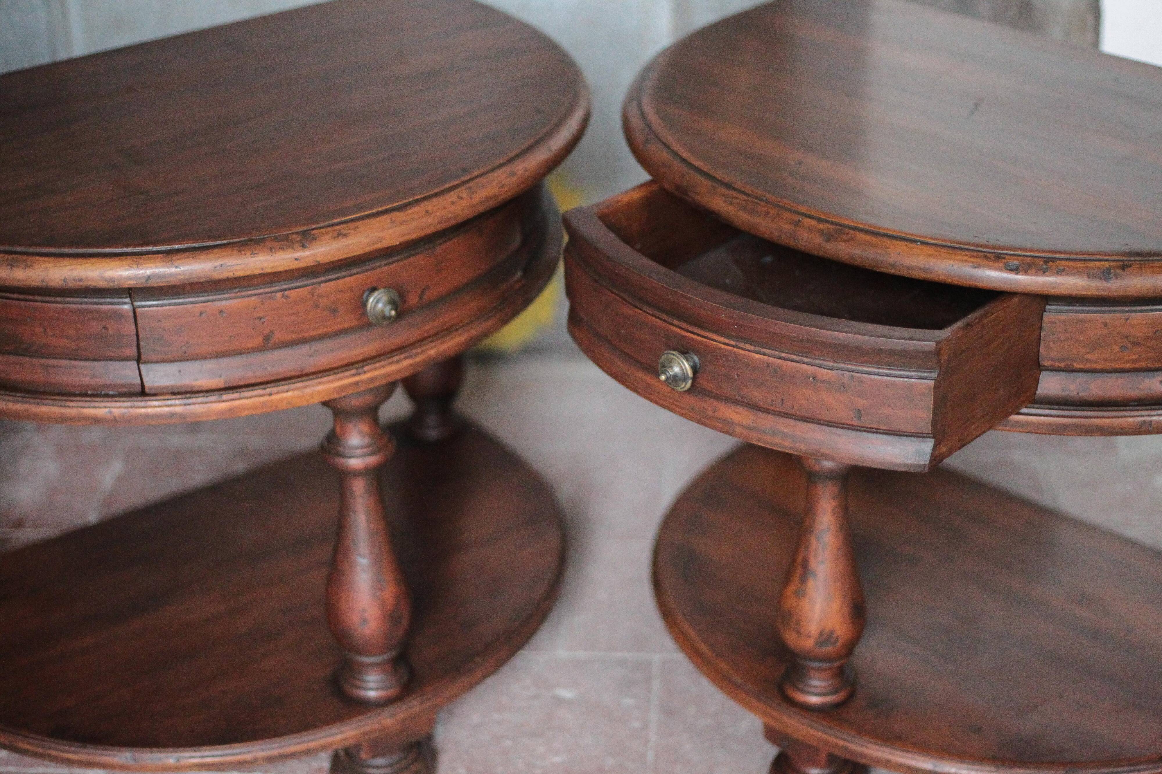 Pair of rounded wooden bedside tables, bedside table, end table.