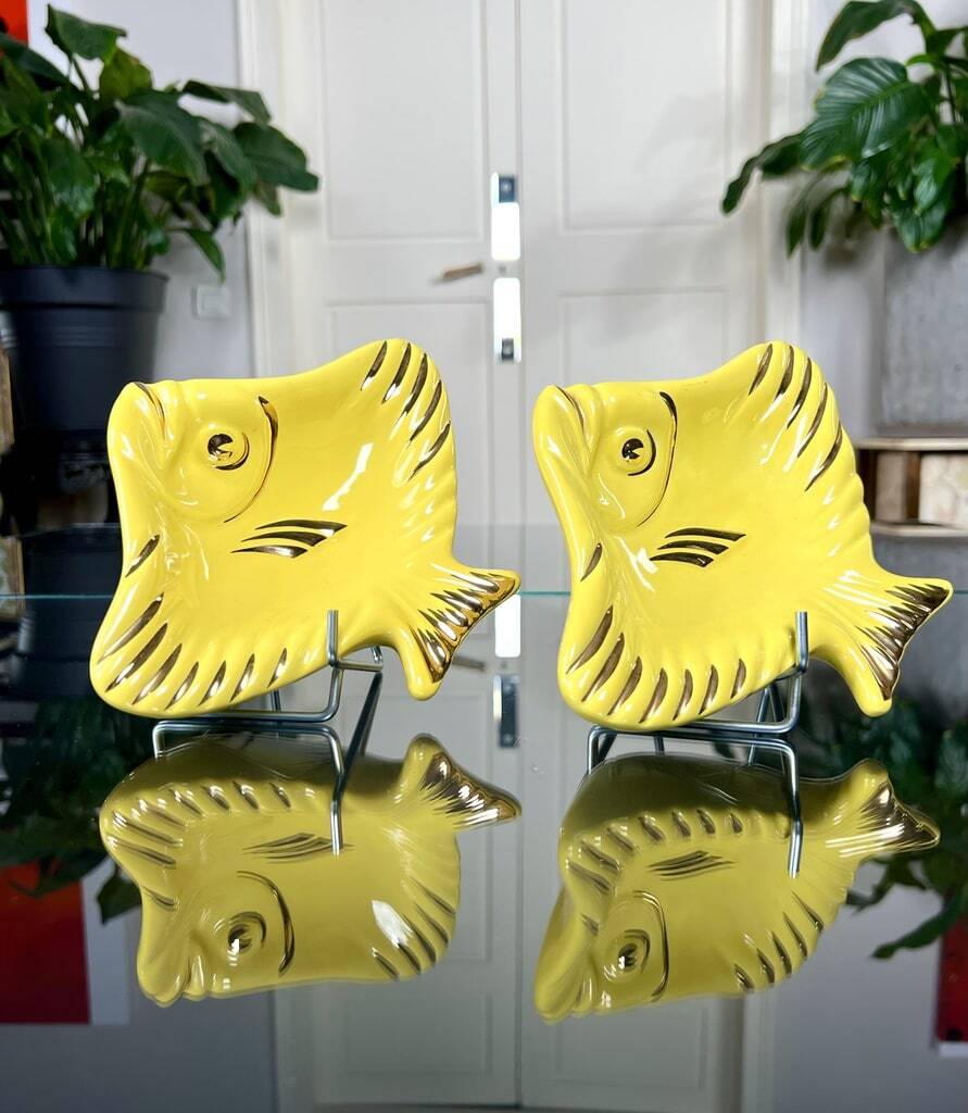 Soap Holder - Pair - Yellow Earthenware - Vintage Fish Bathroom Accessory
