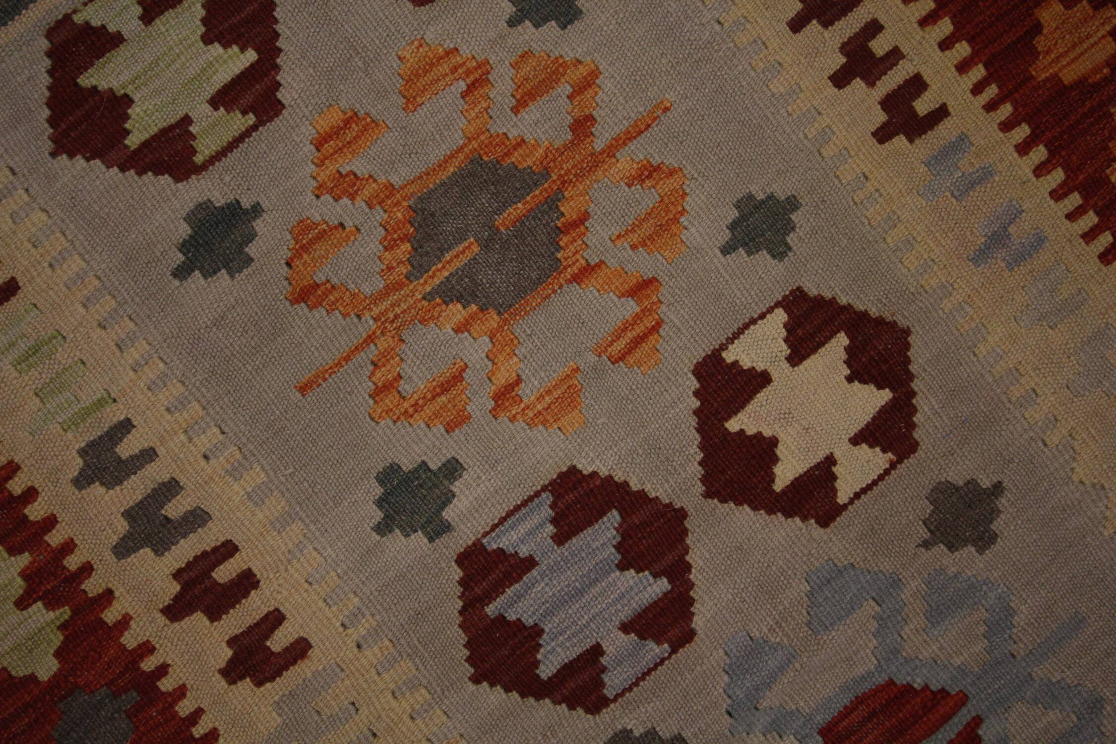Tapis Kilim en laine fait main rouge et beige, tissage plat oriental tribal 204 x 148 cm