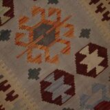 Tapis Kilim en laine fait main rouge et beige, tissage plat oriental tribal 204 x 148 cm