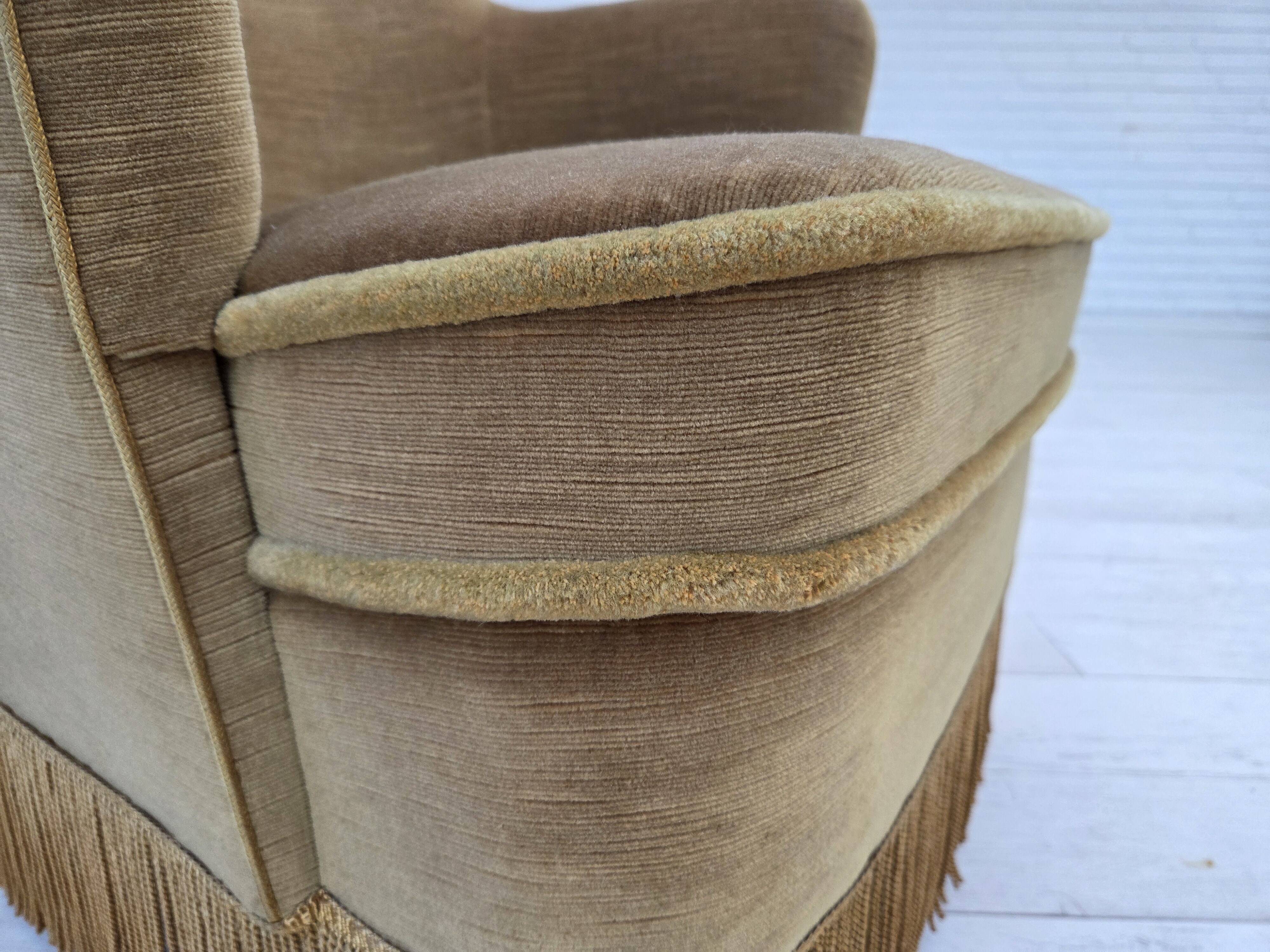 1970s, Danish lounge chair, light green furniture velour, beech wood.