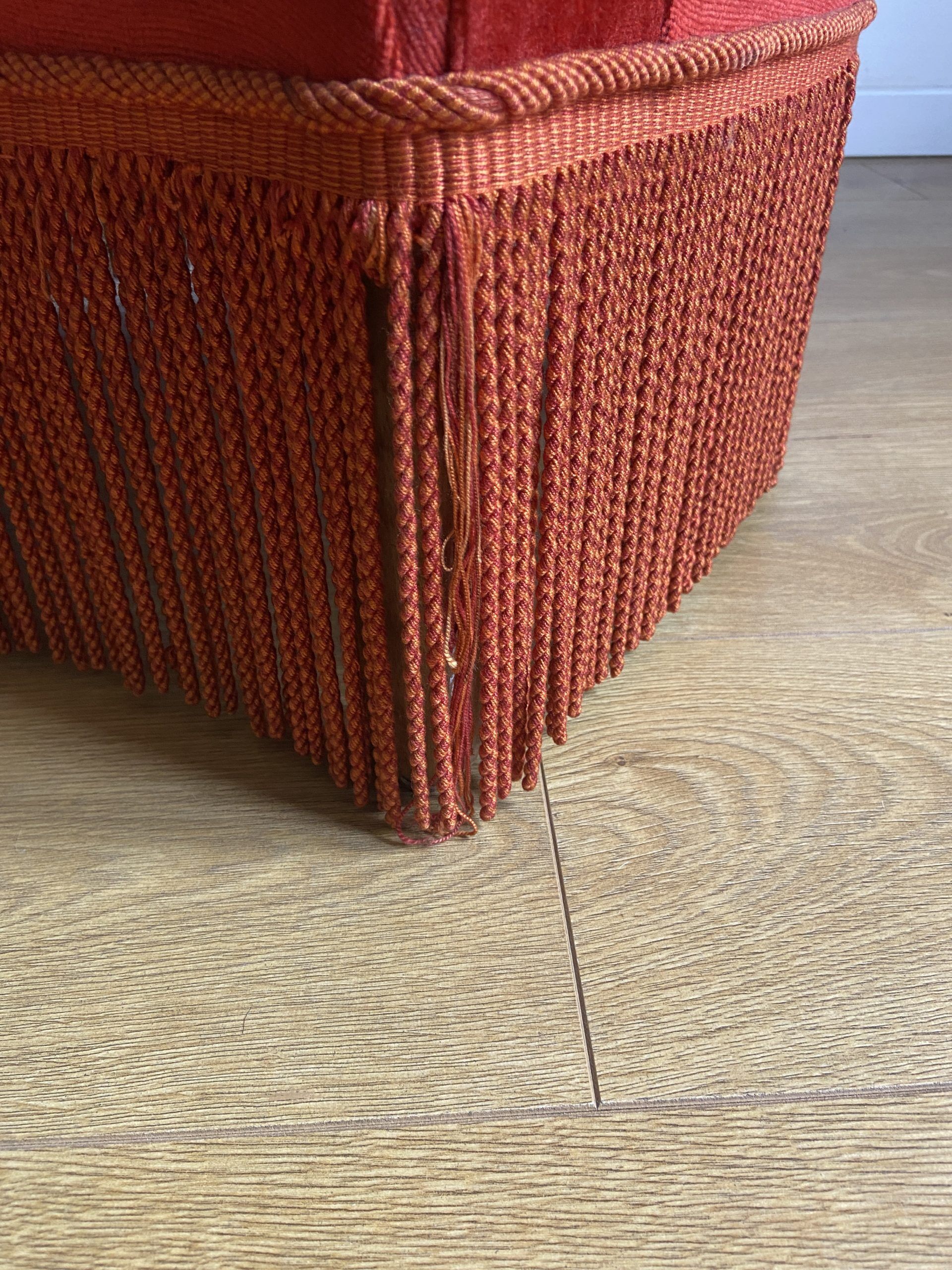 Vintage toad armchair with brick red velvet fringes