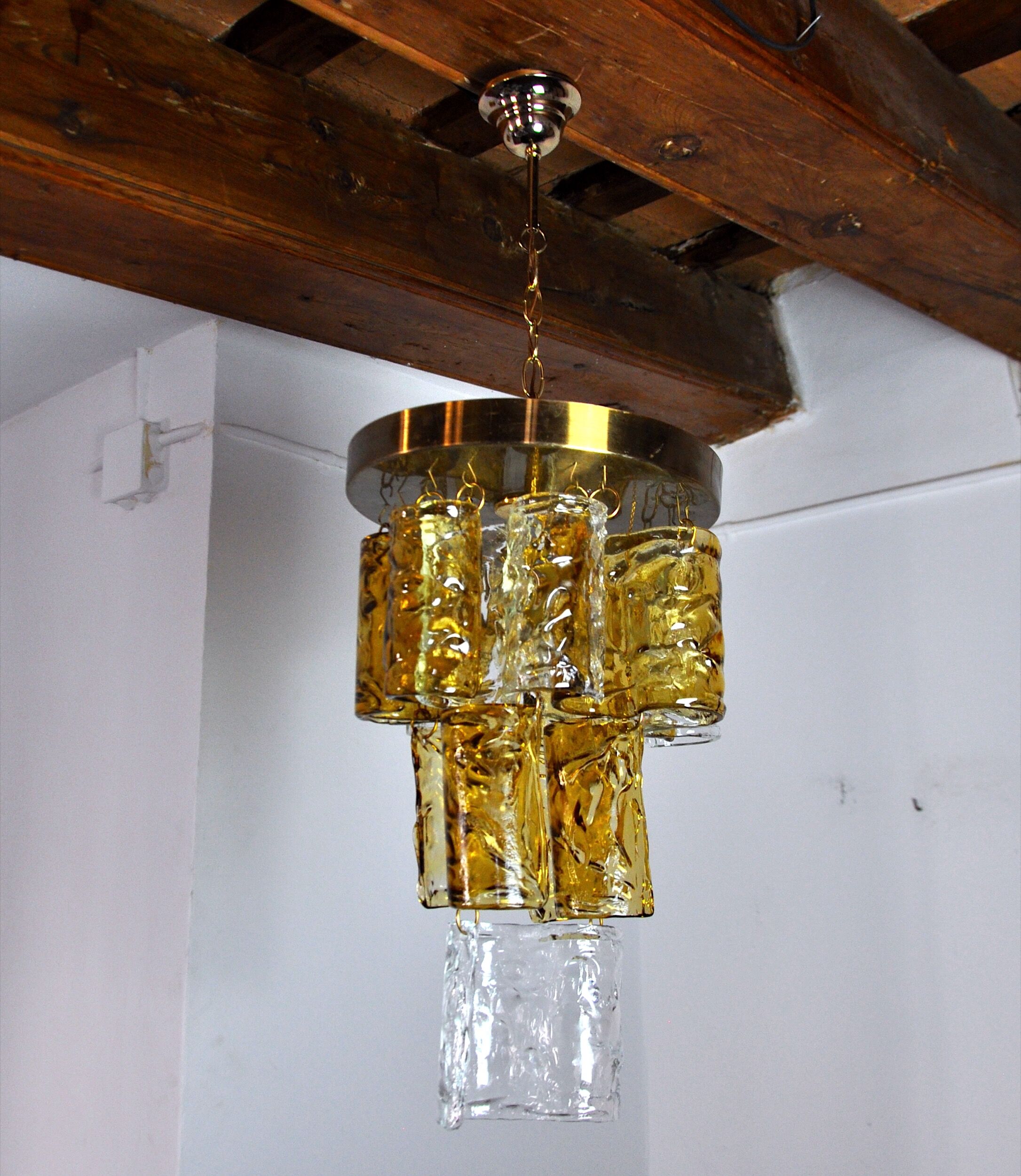 Bicolor chandeliers waterfall by zero quattro, orange and transparent murano glass, italy, 1970