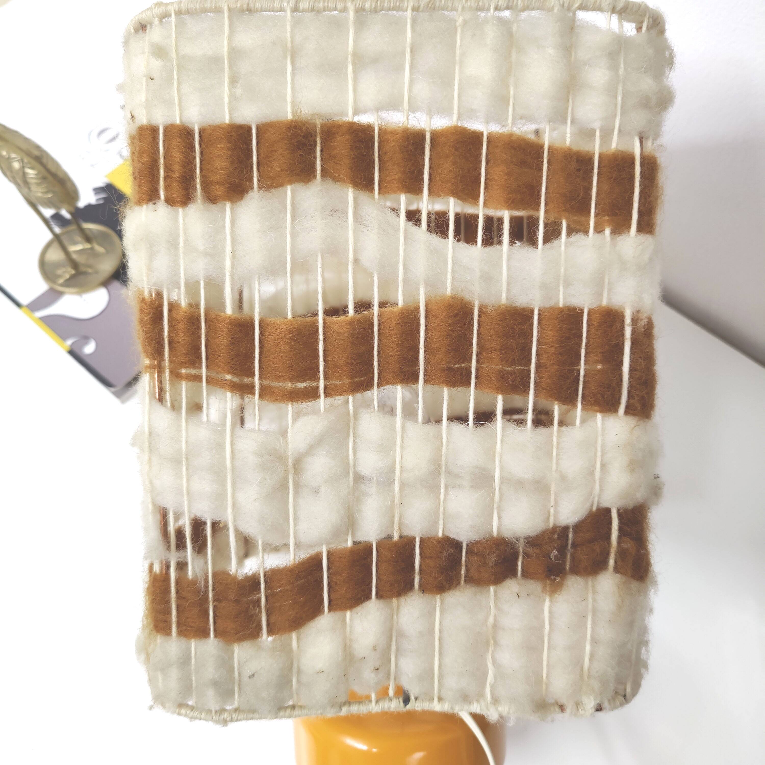 Orange ceramic lamp with vintage wool lampshade from the 70s