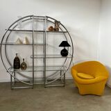Old circular shelf tubular glazed bookcase art deco style bauhaus design 70s