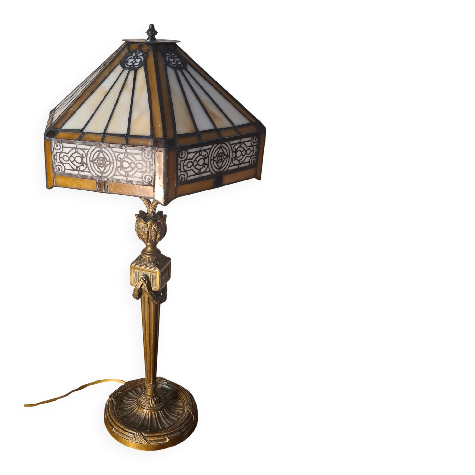 Bronze floor lamp from the 19th century with a handmade stained glass lampshade soldered with lead, measuring 52x26.