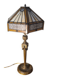 Bronze floor lamp from the 19th century with a handmade stained glass lampshade soldered with lead, measuring 52x26.