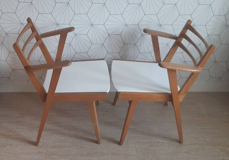 Pair of 1950s compass leg armchairs.