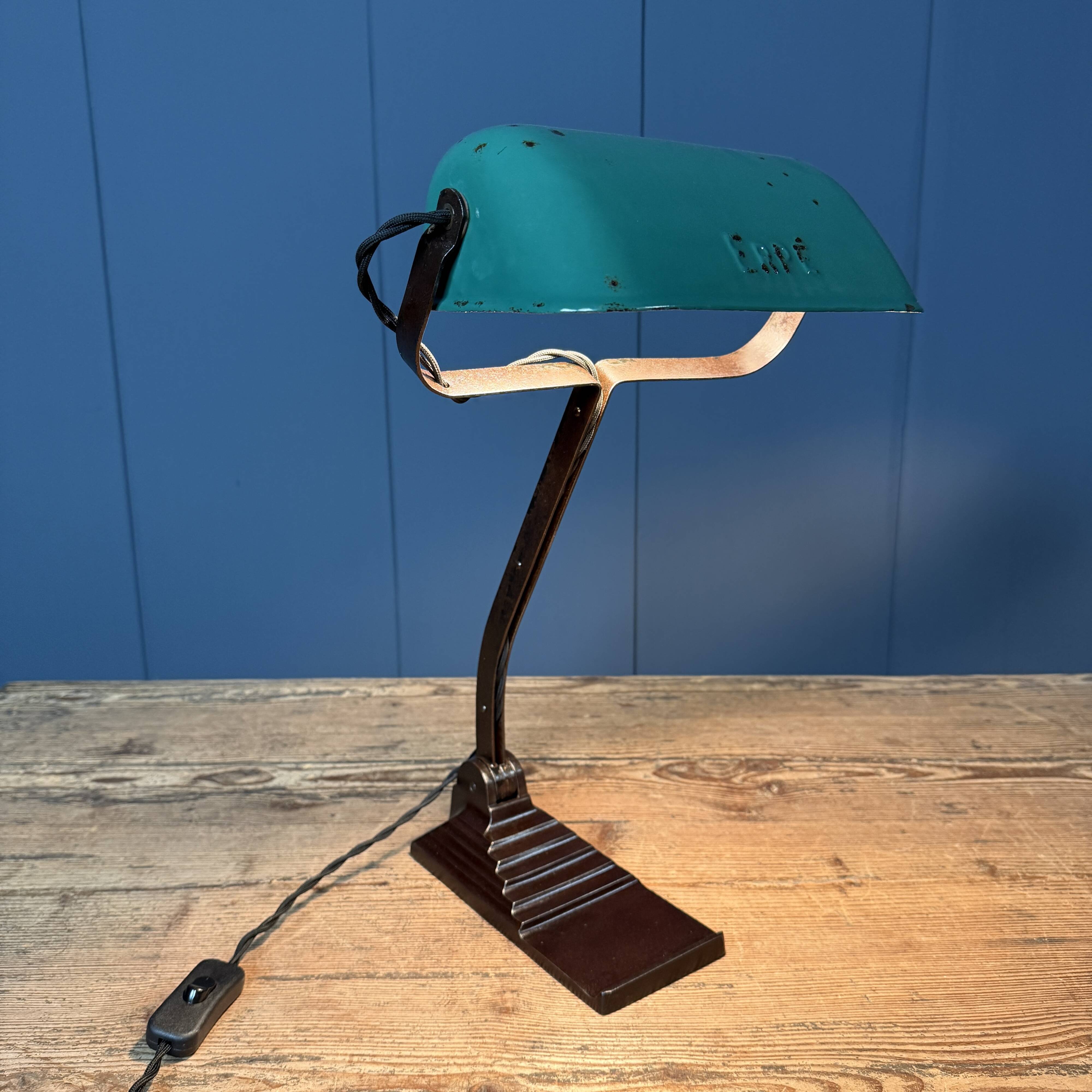 Erpé banker’s lamp with a turquoise enamel shade.