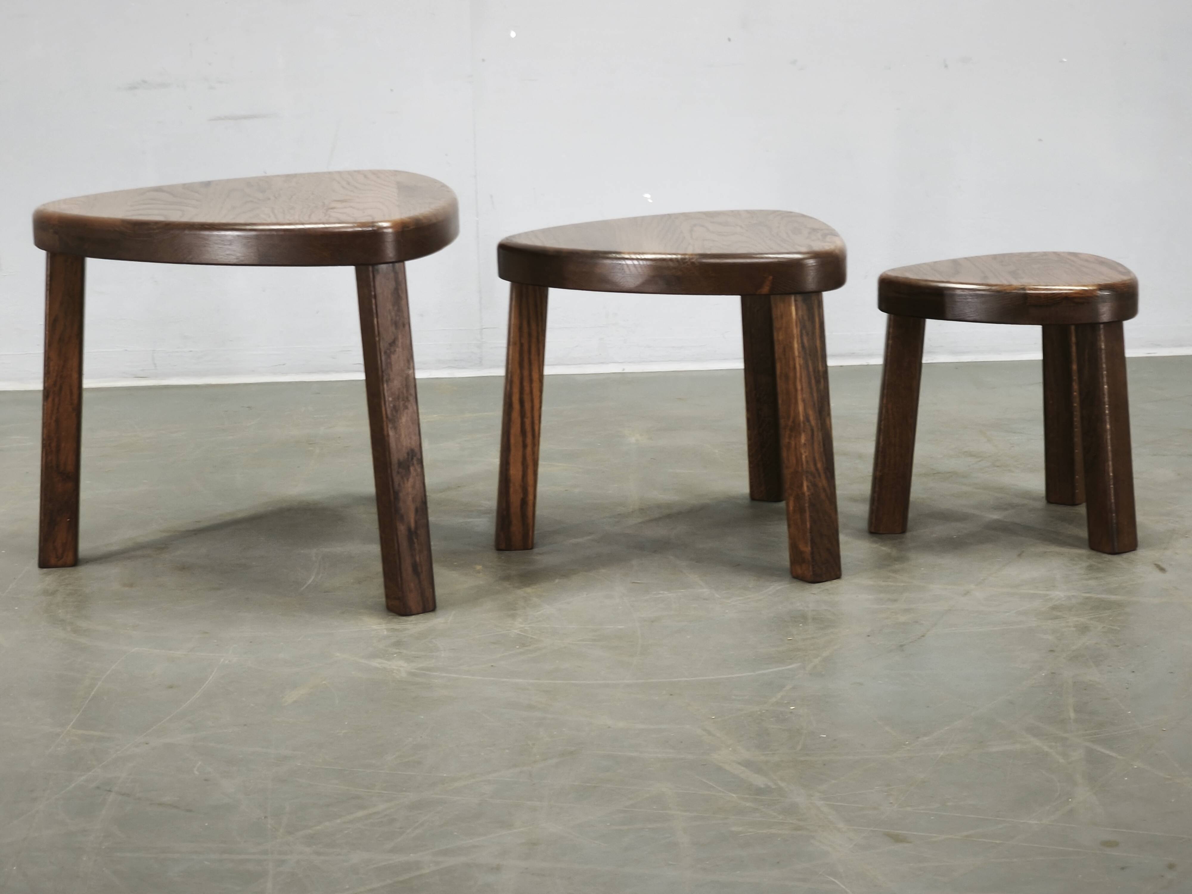 1960s Czechoslovak Mid-Century Solid Oak Nesting Tables, Set of Three