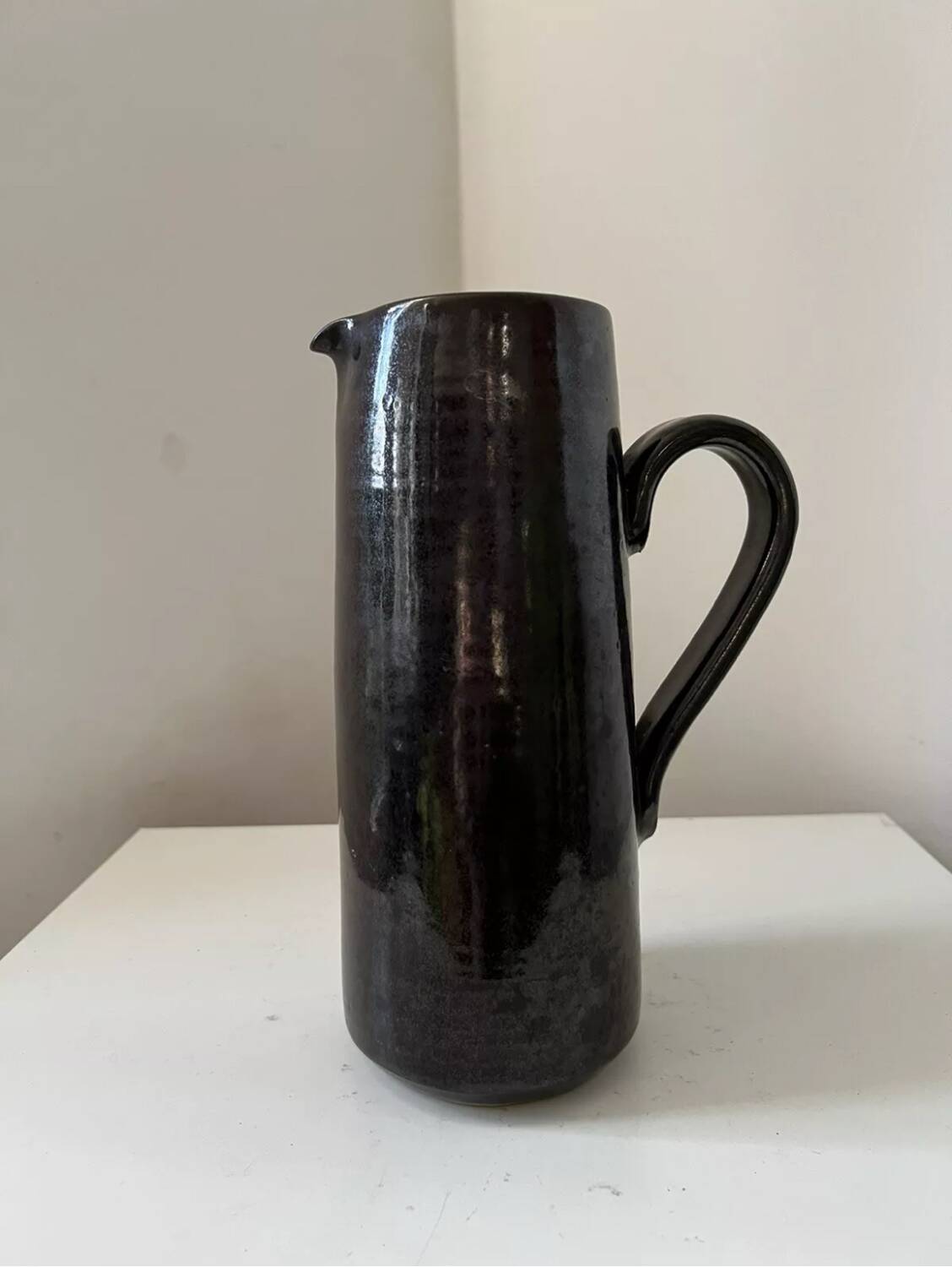 Vintage 1950s black and brown glazed stoneware pitcher/jug