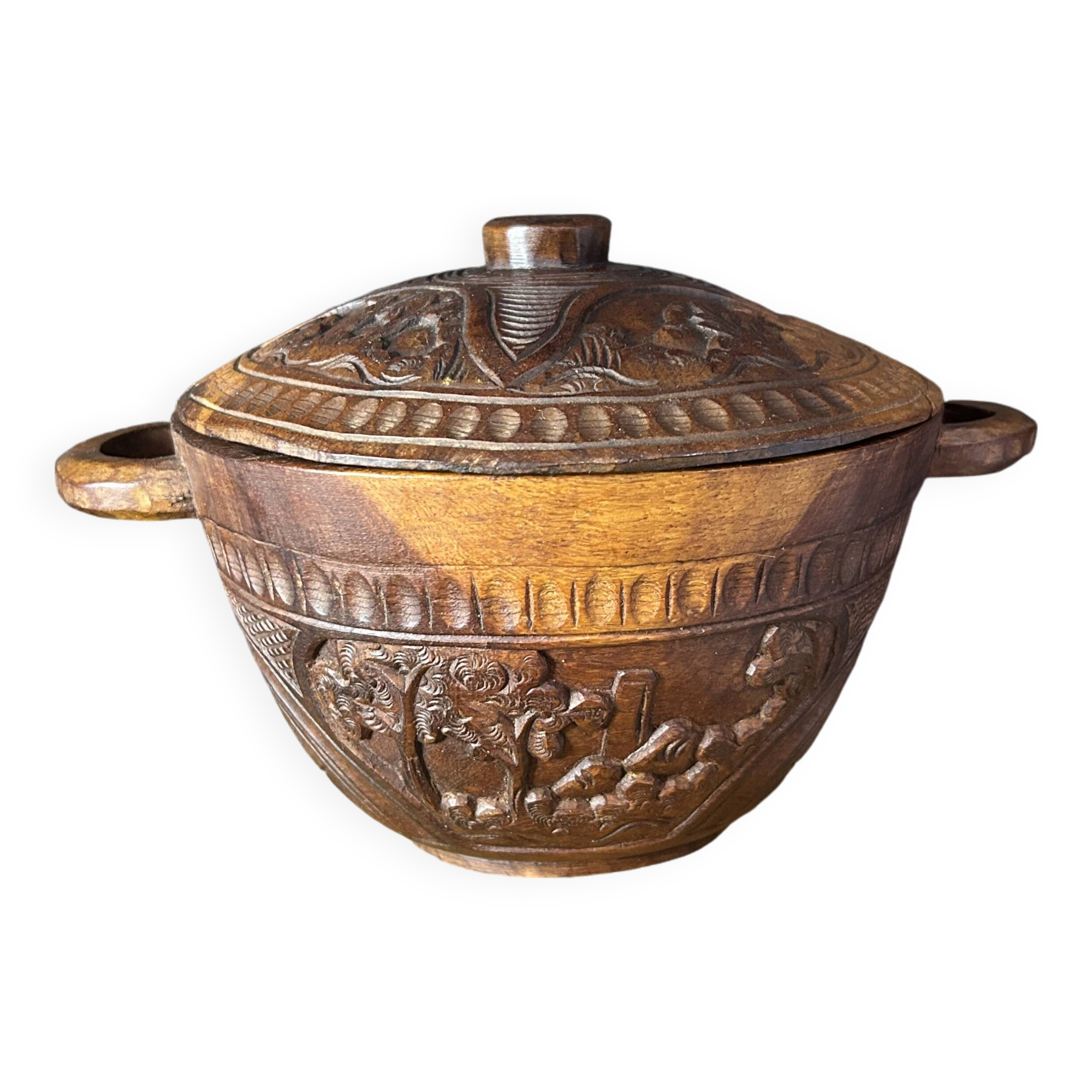 African Art - Madagascar - Vintage - Covered Pot - Carved Rosewood - 1950