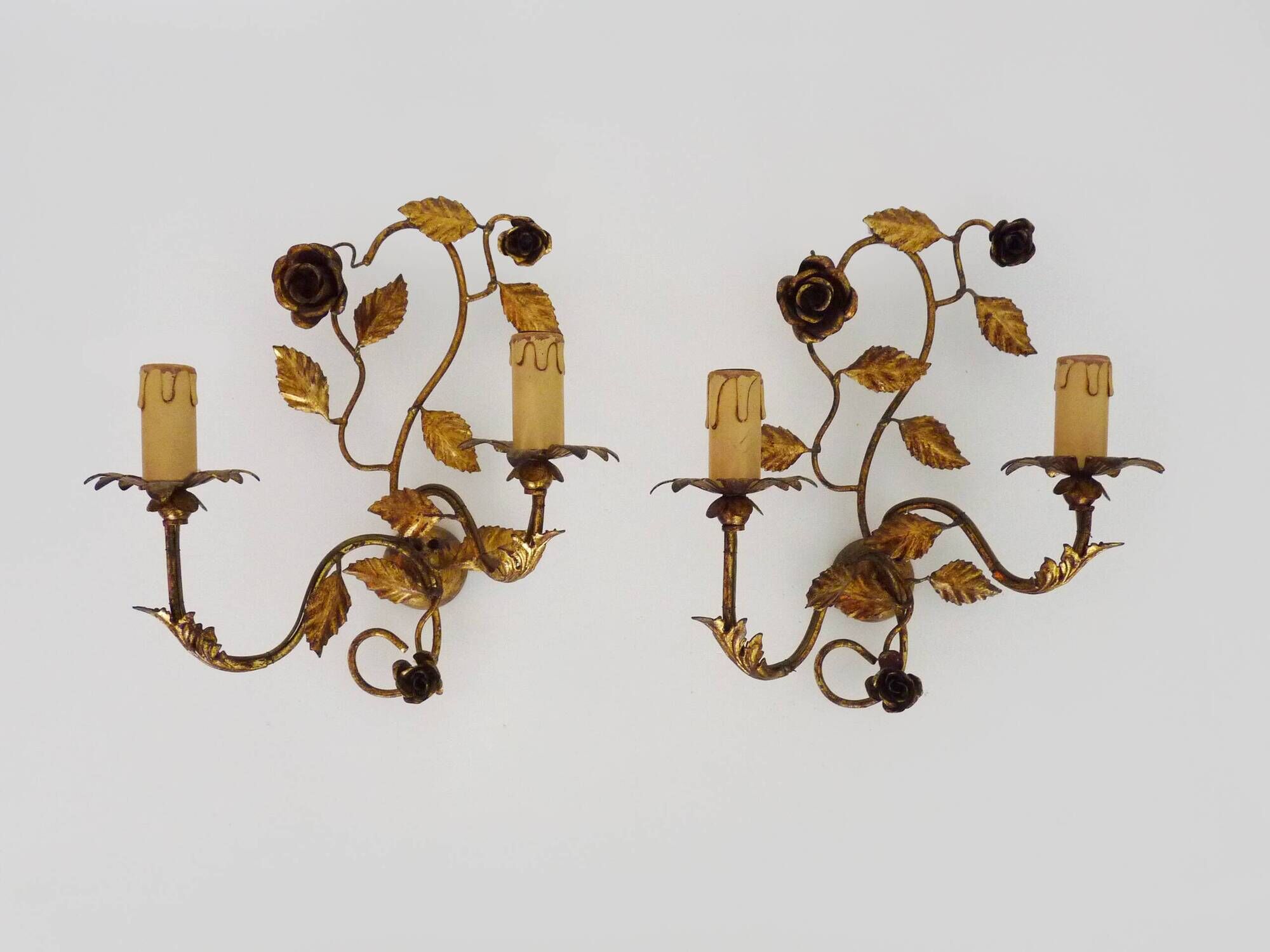 Pair of vintage wall lights with gold metal foliage flowers, 1960s