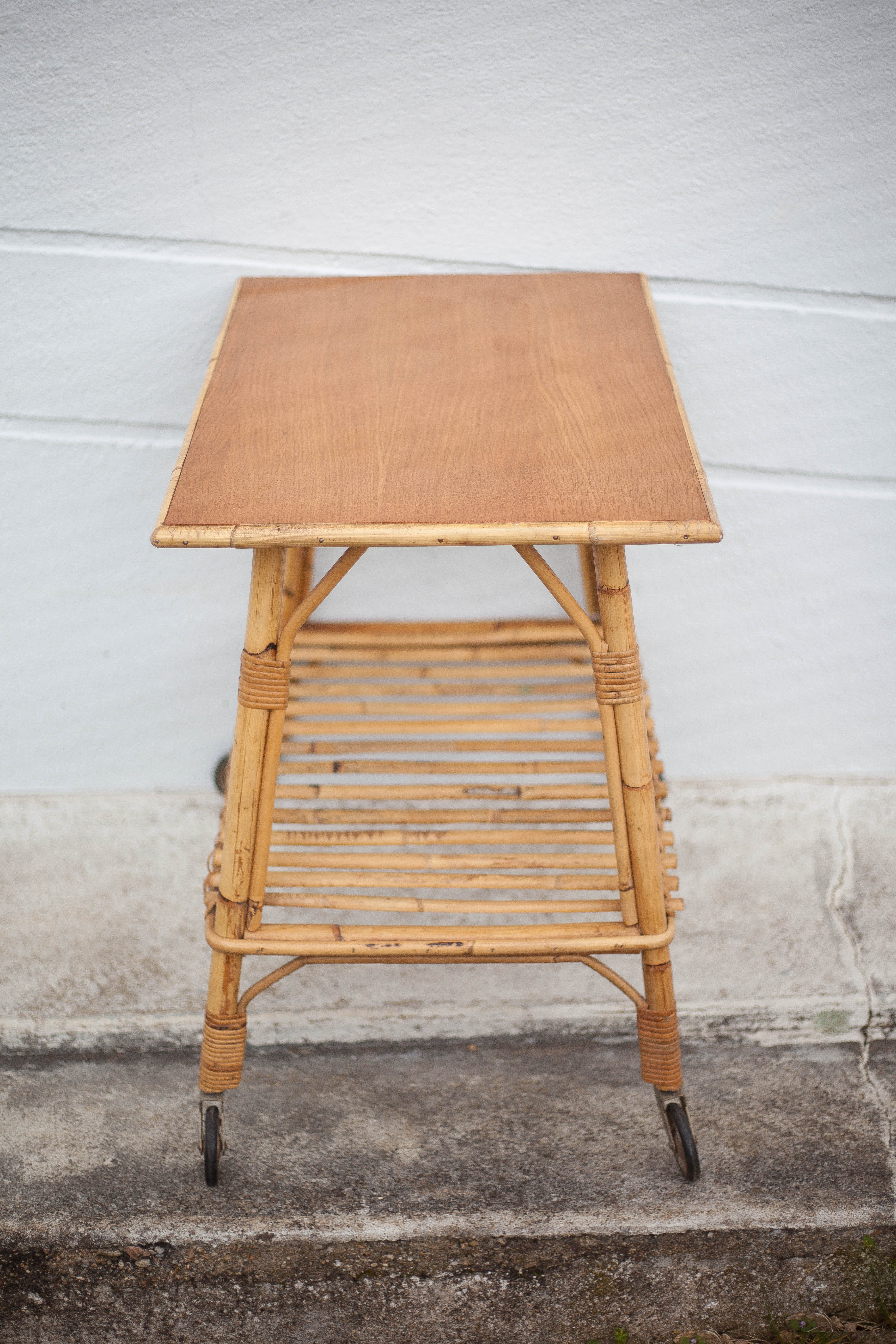 Bamboo table with wheels, bamboo service with wheels, servant, interior decoration