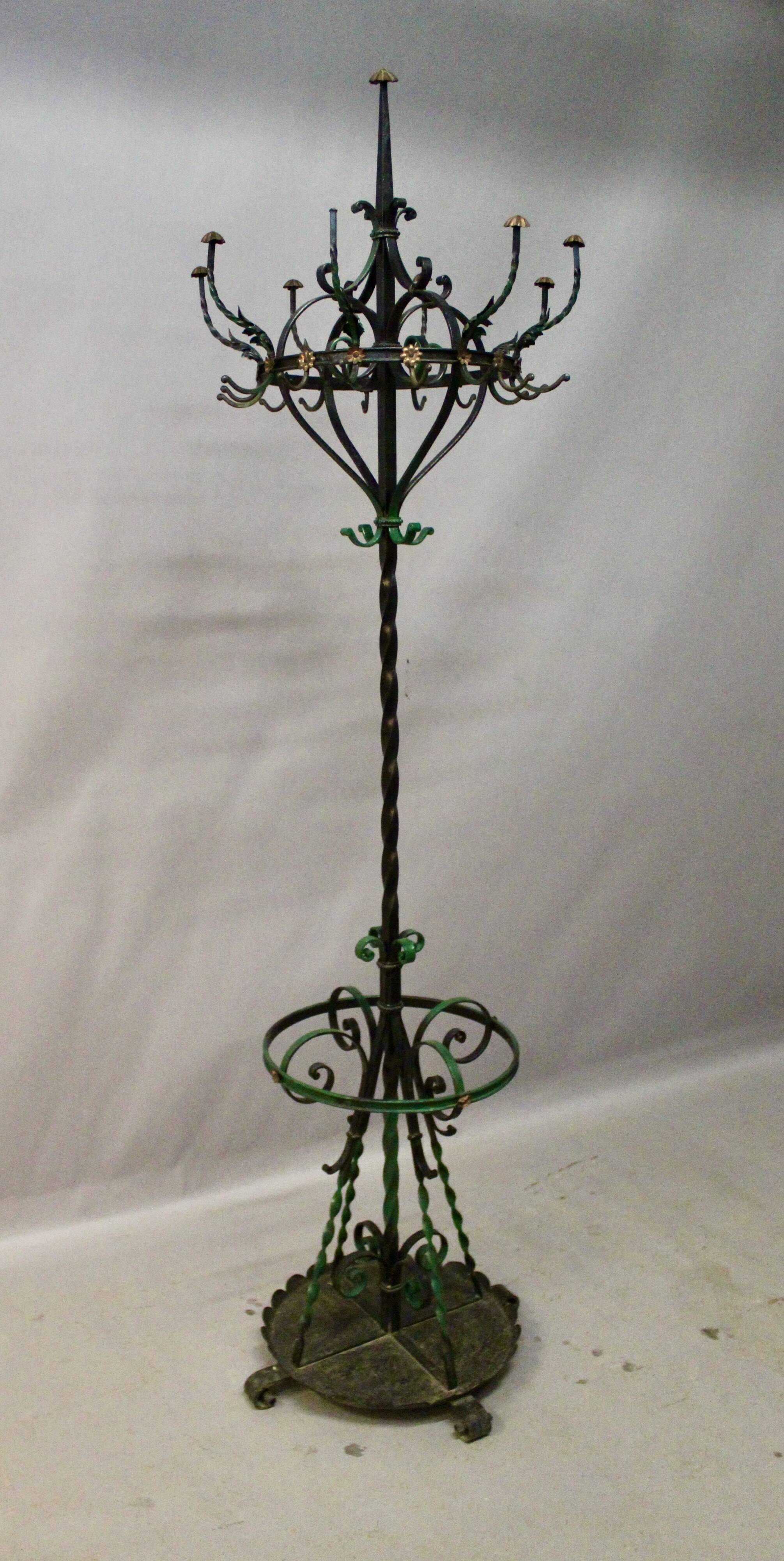 Polychrome Wrought Iron Coat Rack and Umbrella Stand