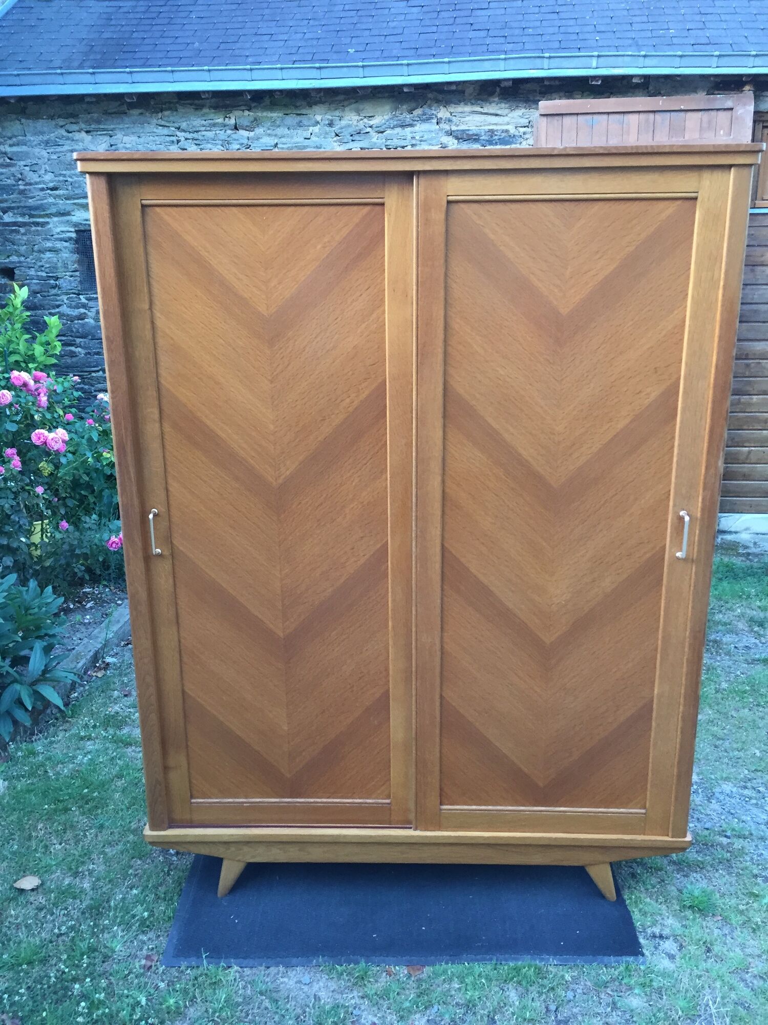 Vintage wardrobe with compass feet in oak and oak cp with 2 sliding doors.