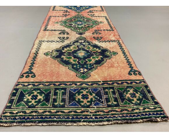 Distressed Turkish Runner 360x79 Cm, Pink And Green Rug