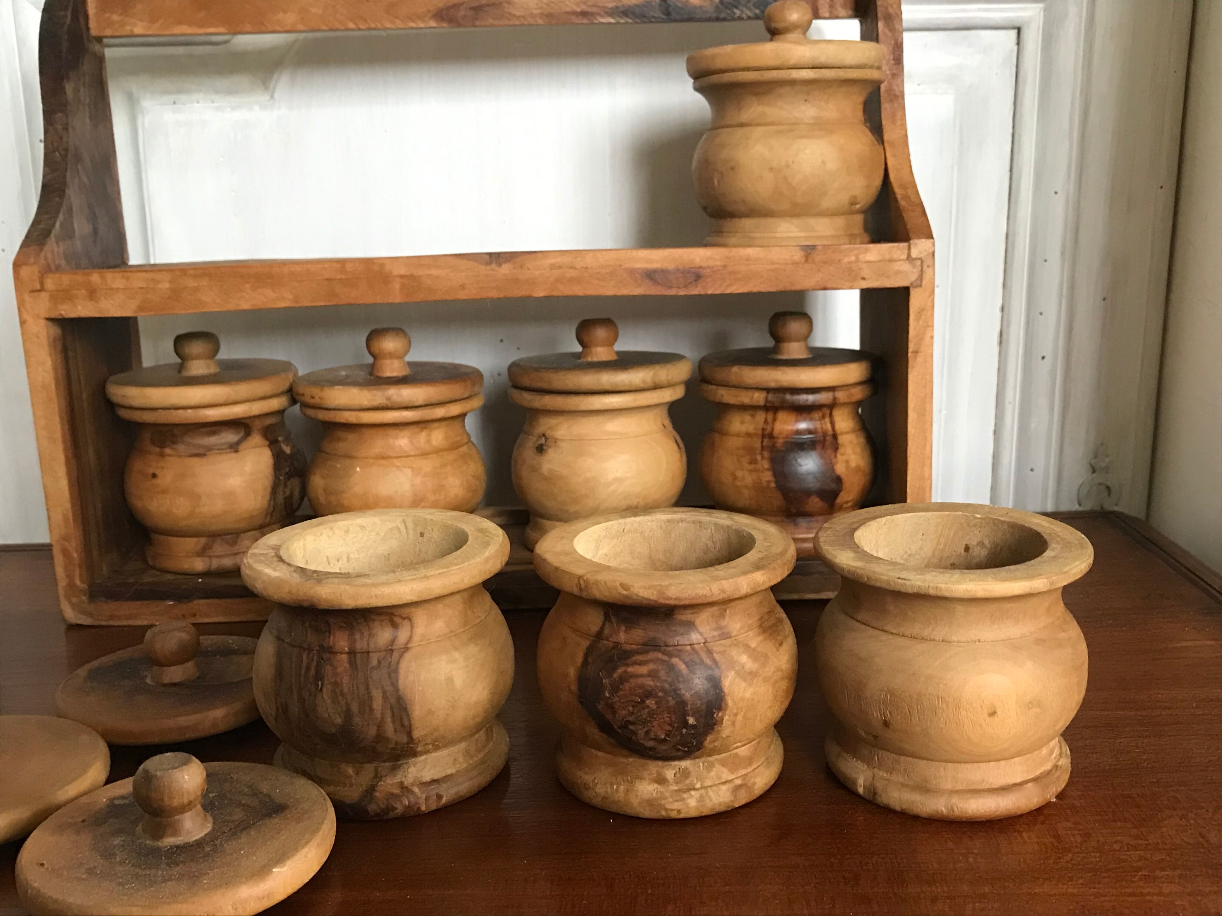 Spice shelf and olive wood pots