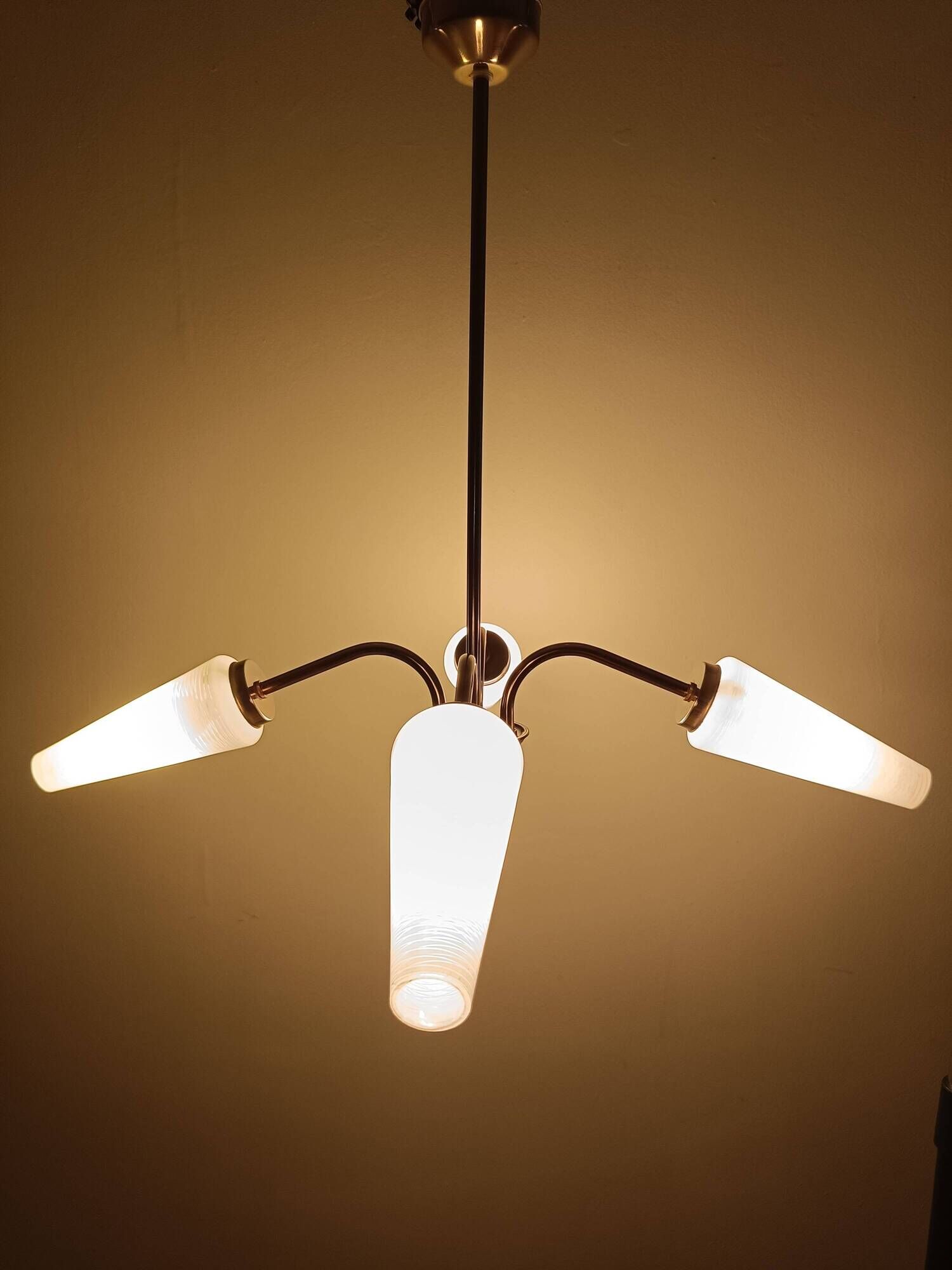 Brass chandelier with conical lampshades from the 1970s