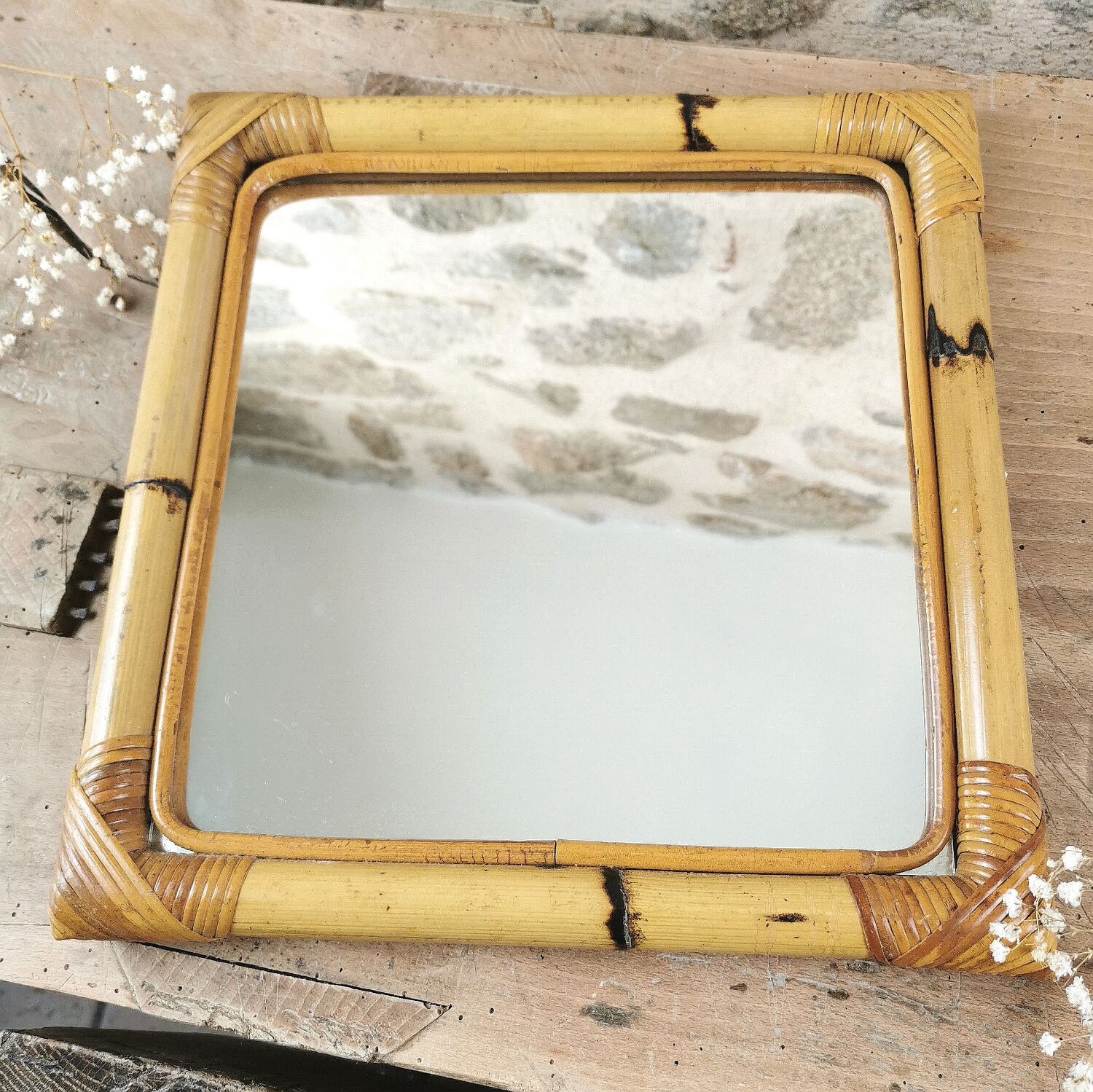 Miroir en bambou et rotin