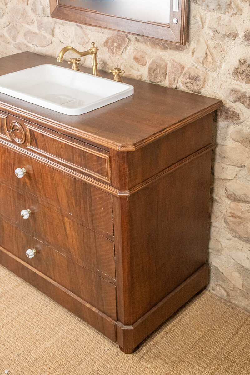 Meuble vasque Louis-Philippe en noyer & miroir LED assorti