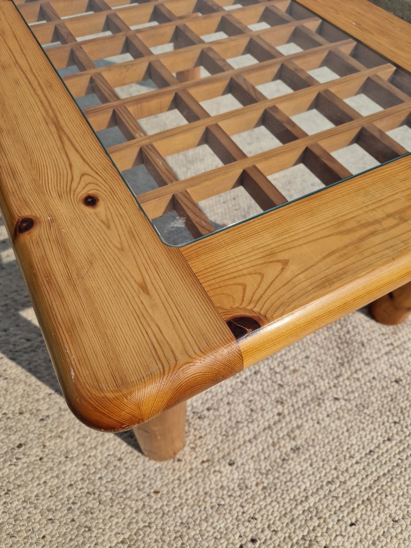 Vintage modernist coffee table in pine.