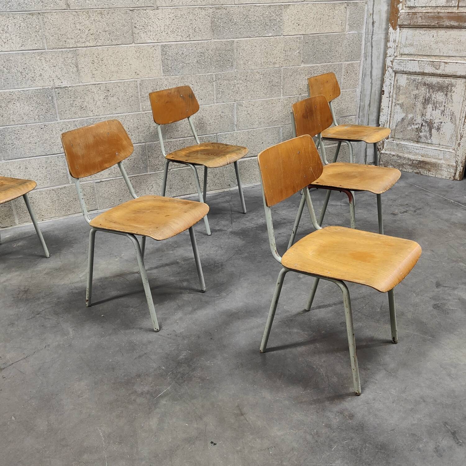 Set of 12 metal and wood school chairs Czechoslovakia Kovona
