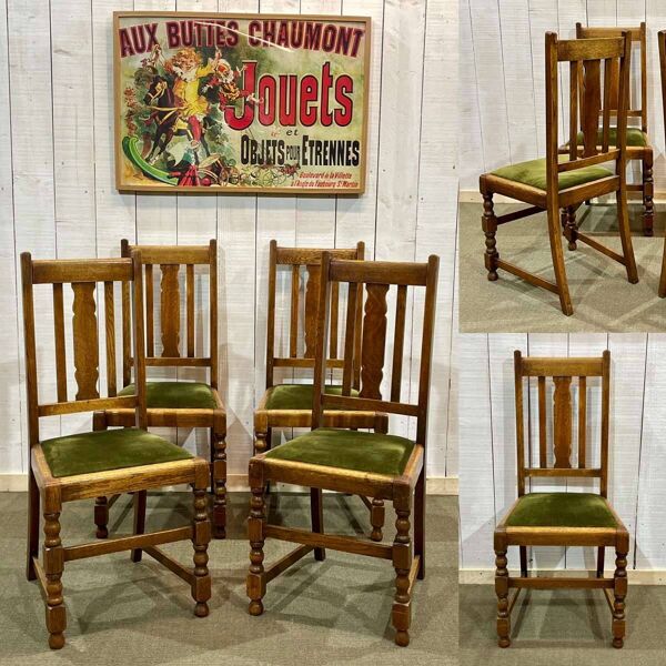 Suite de 4 chaises anglaises en chêne des années 30