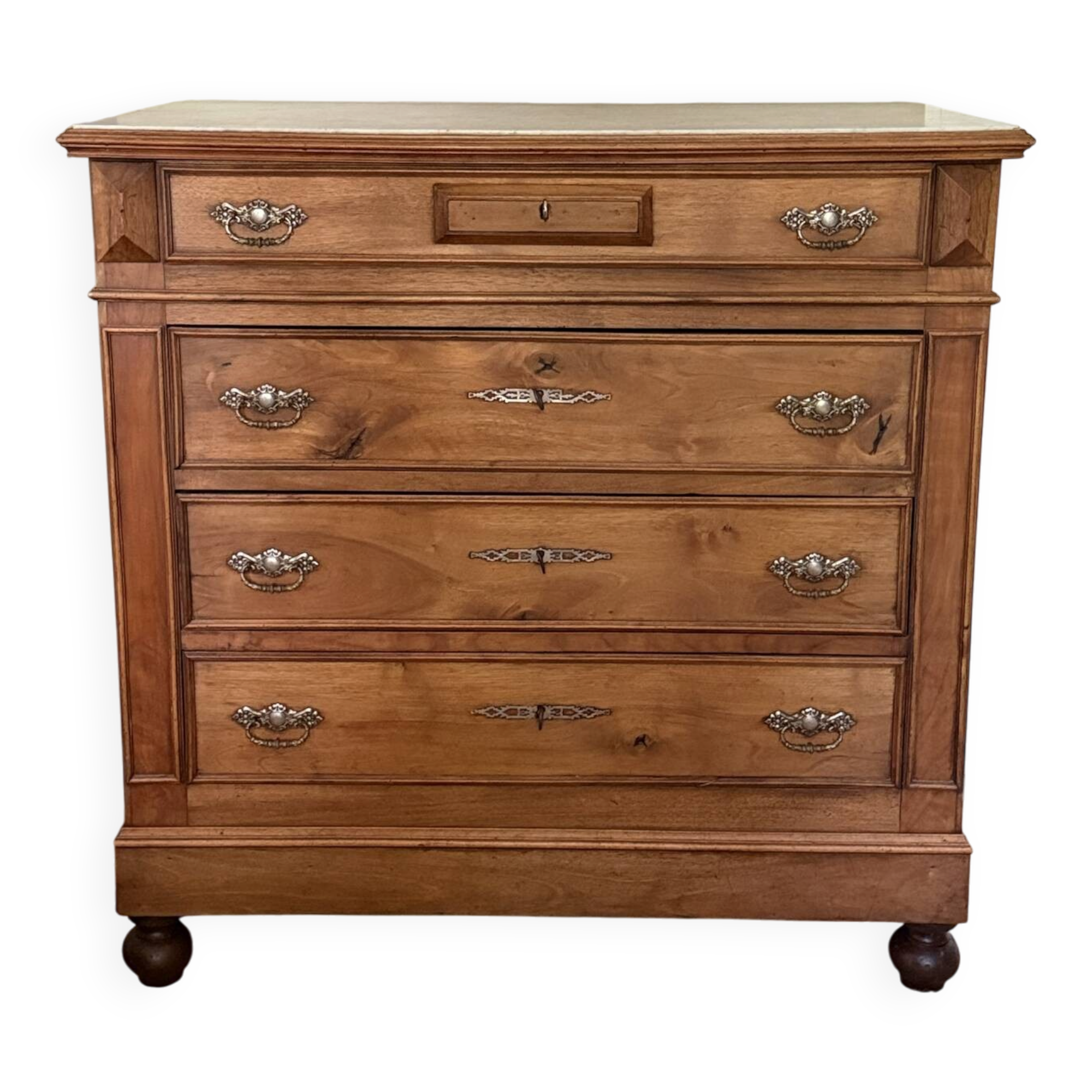Antique Louis-Philippe commode in solid wood and white marble.