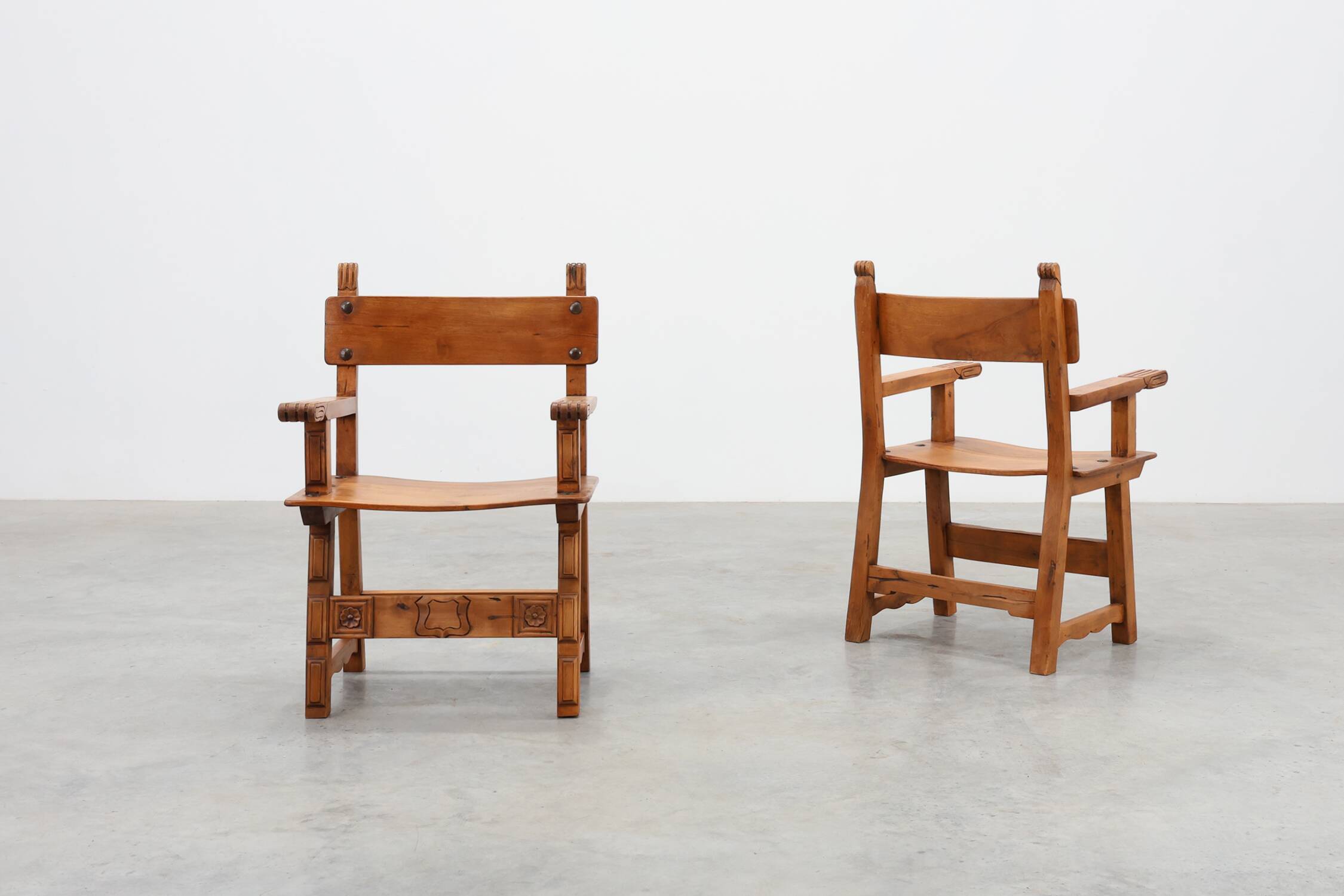 Pair of 2 Rustic carved oak side chairs, Spain ca. 1900