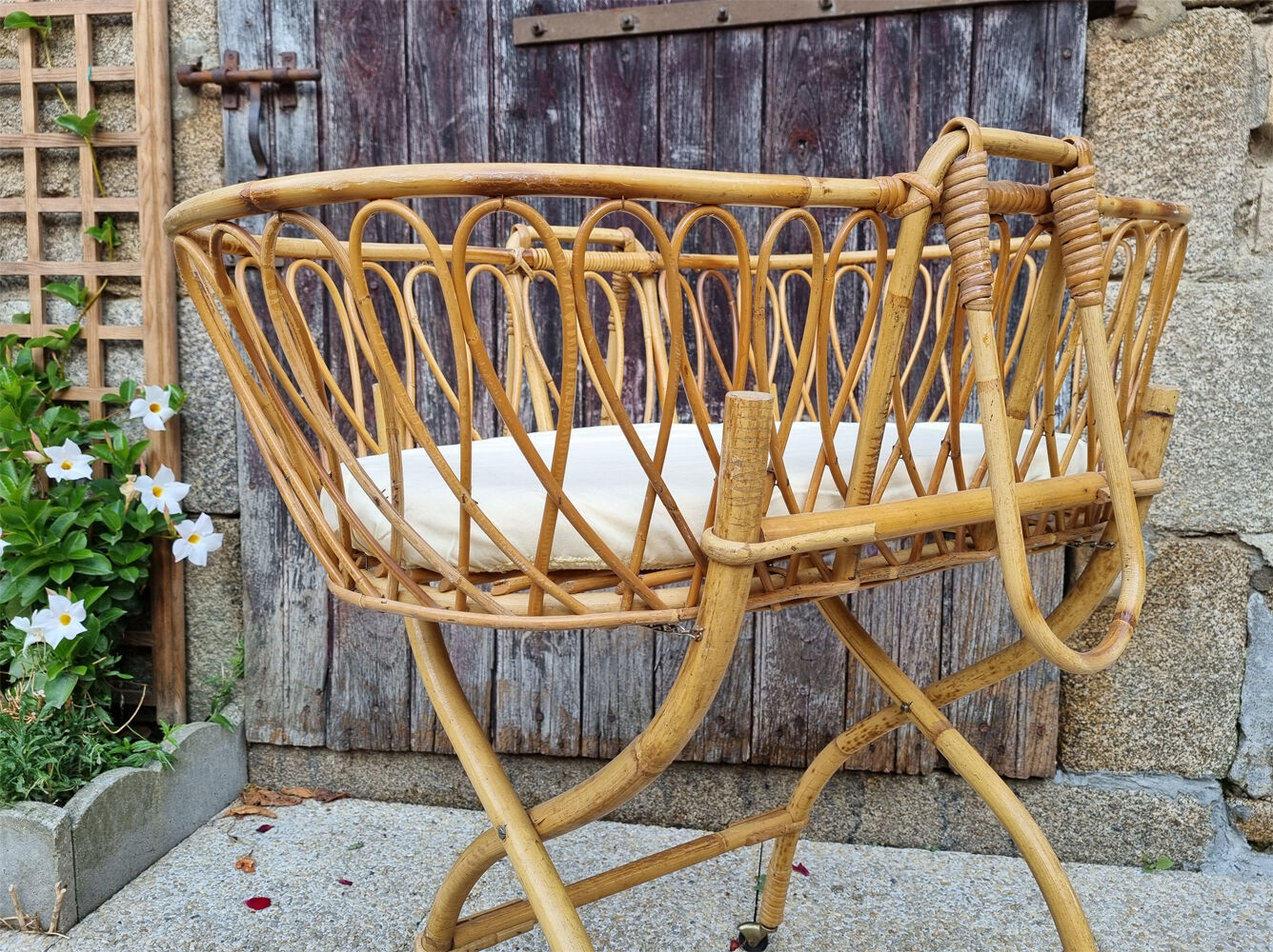 Rattan and bamboo cradle, vintage, 60s