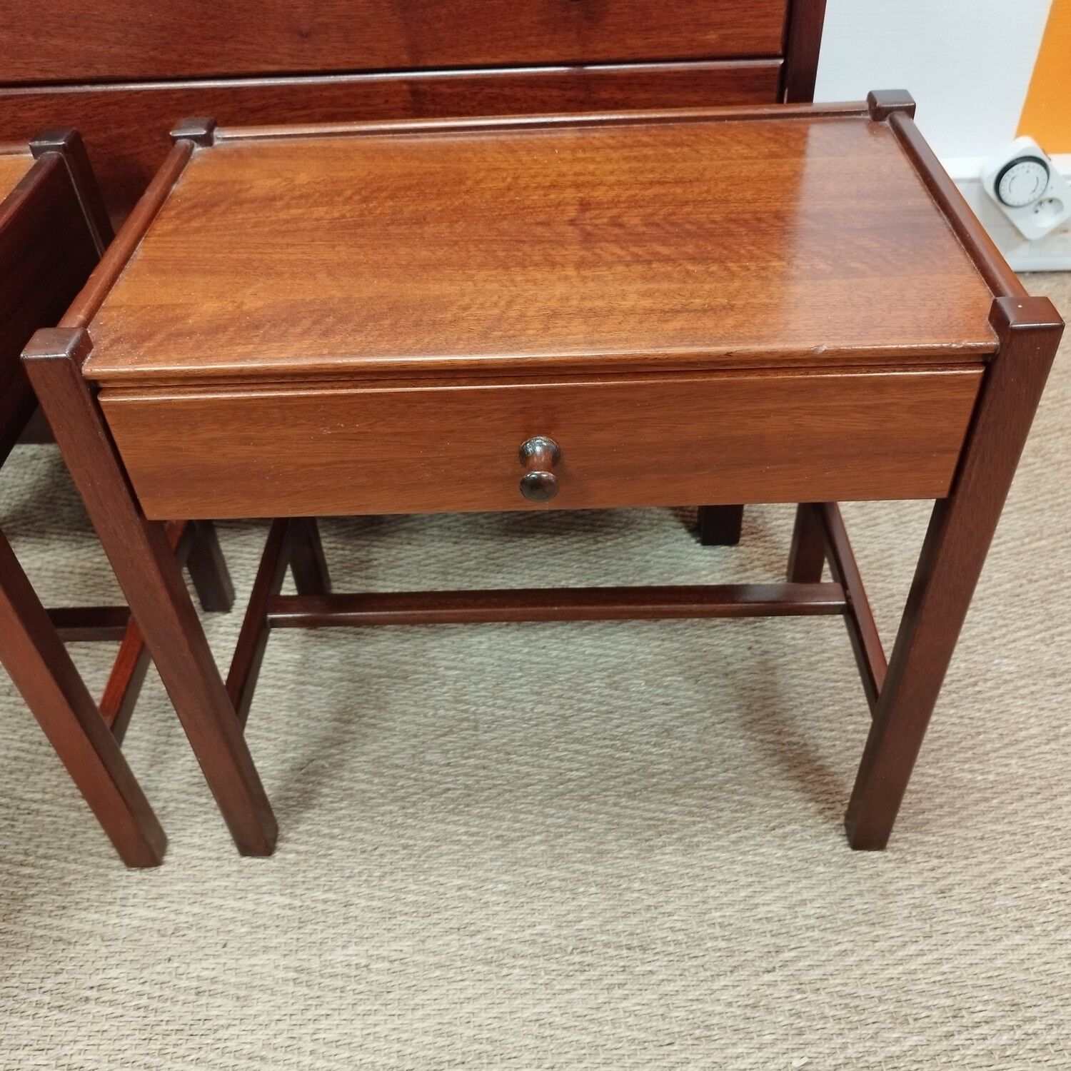Pair of solid walnut bedside tables, design by Jacques Hauville for Roche-Bobois, 1960