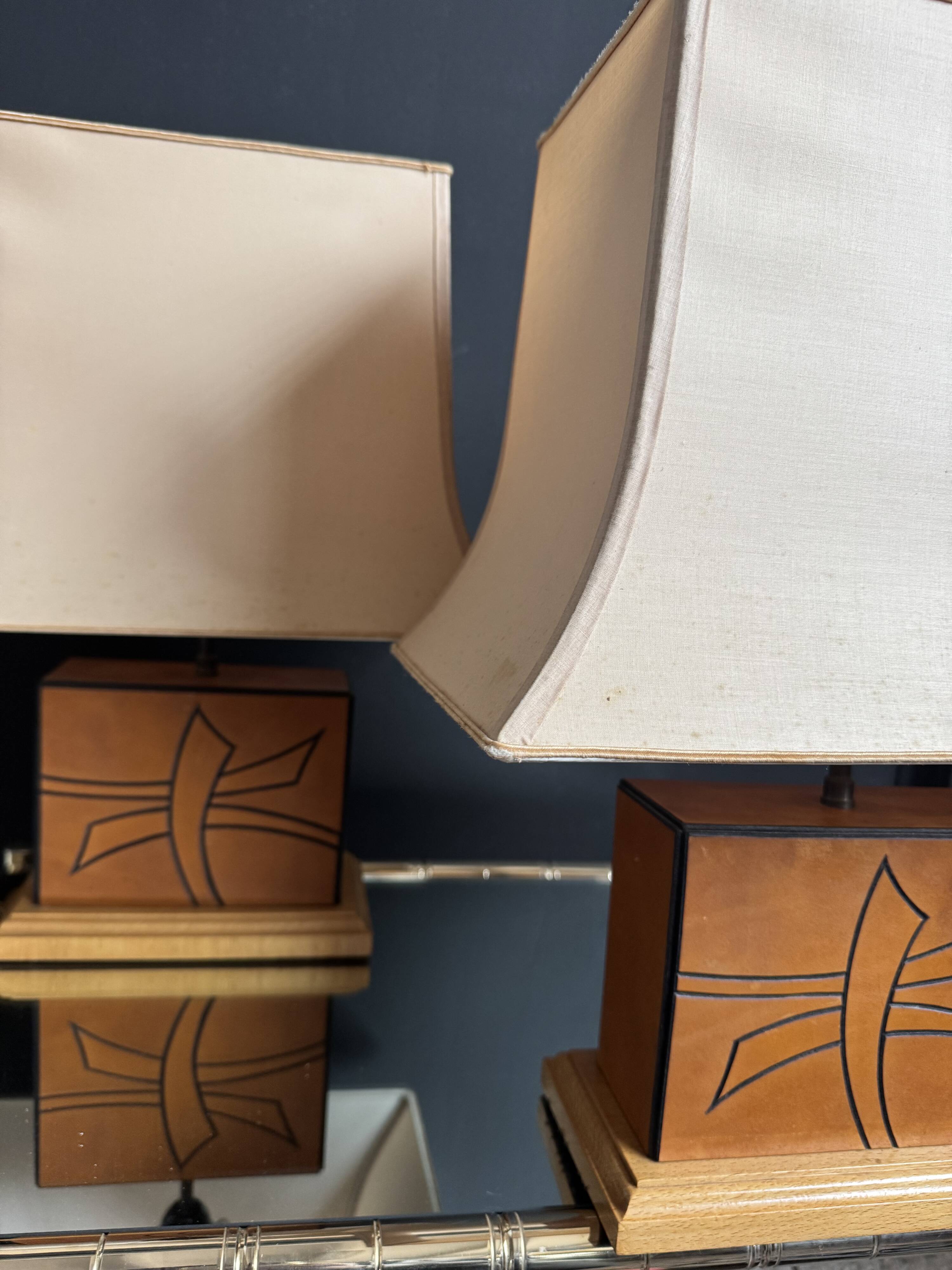 70s leather and wood pagoda lamps