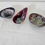 Set of 3 ceramic sauce boats signed MORVAN (1 Reglued) vintage
