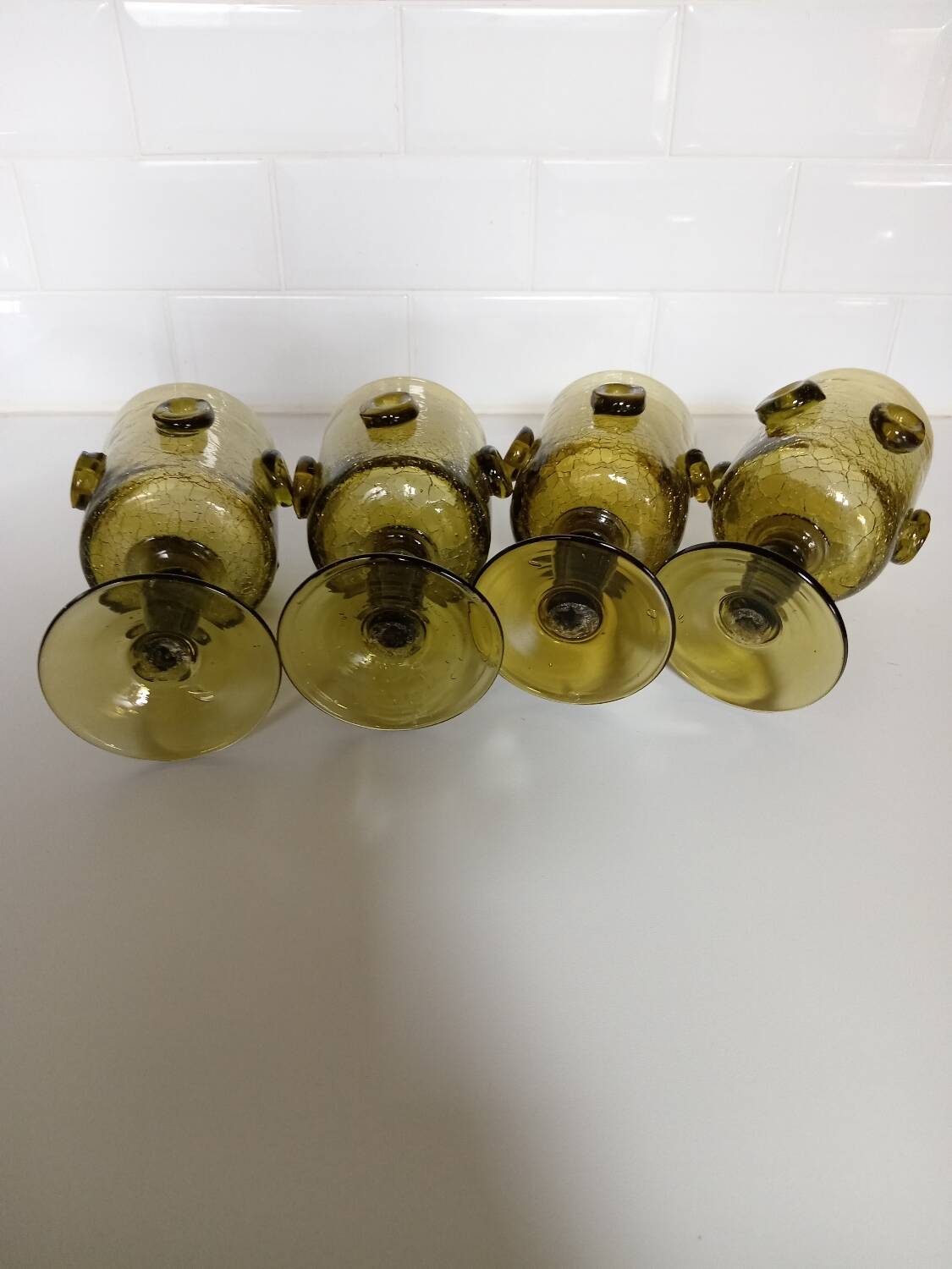 Olive green mouth-blown crackled glass